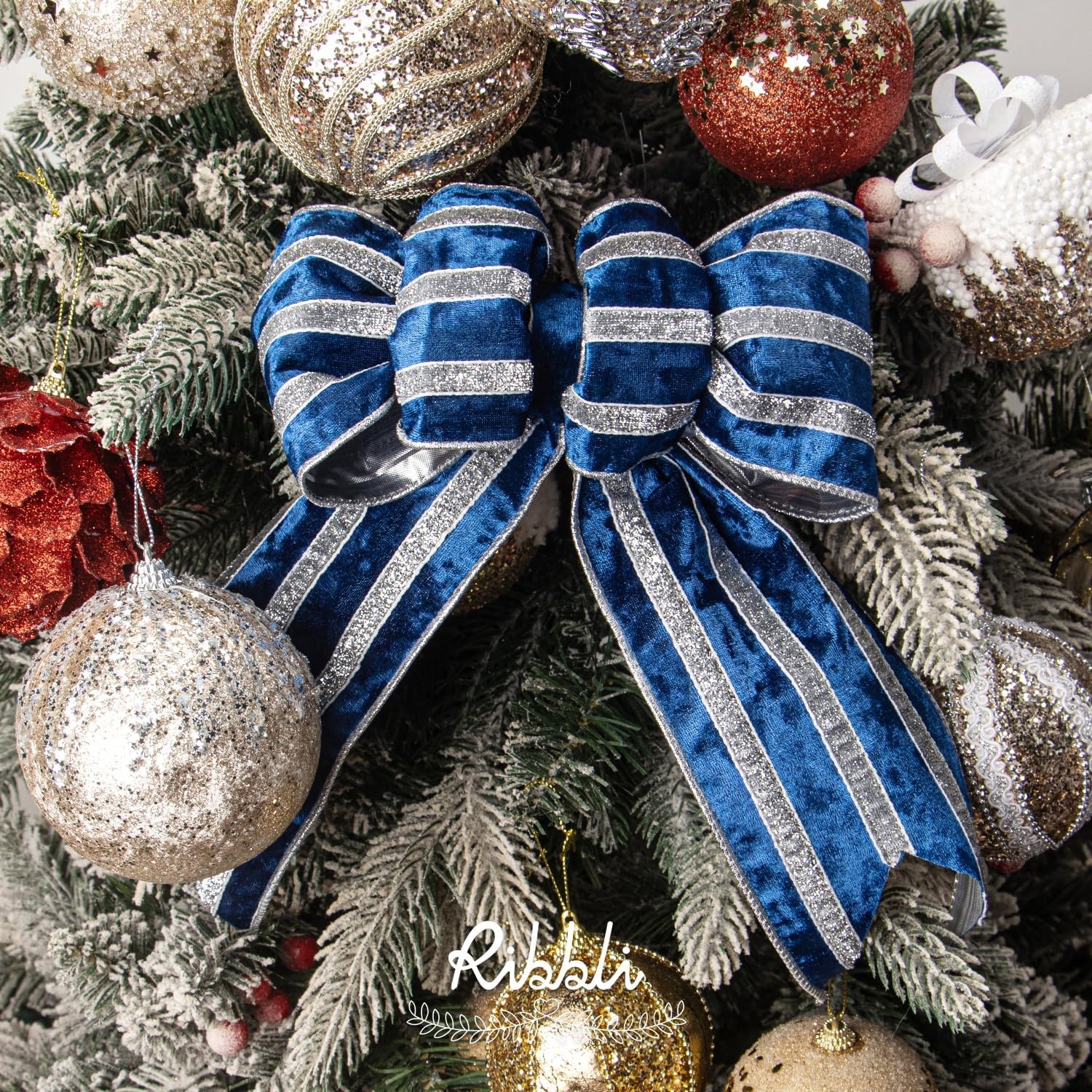 Ribbli Light Champagne Velvet Wired Ribbon with Gold Sparkling Stripe 2.5 Inch Christmas Ribbon for Tree Gift Wrapping Wreaths Garland Topper Bows Crafts Home Decor -10 Yards(Royal Blue)