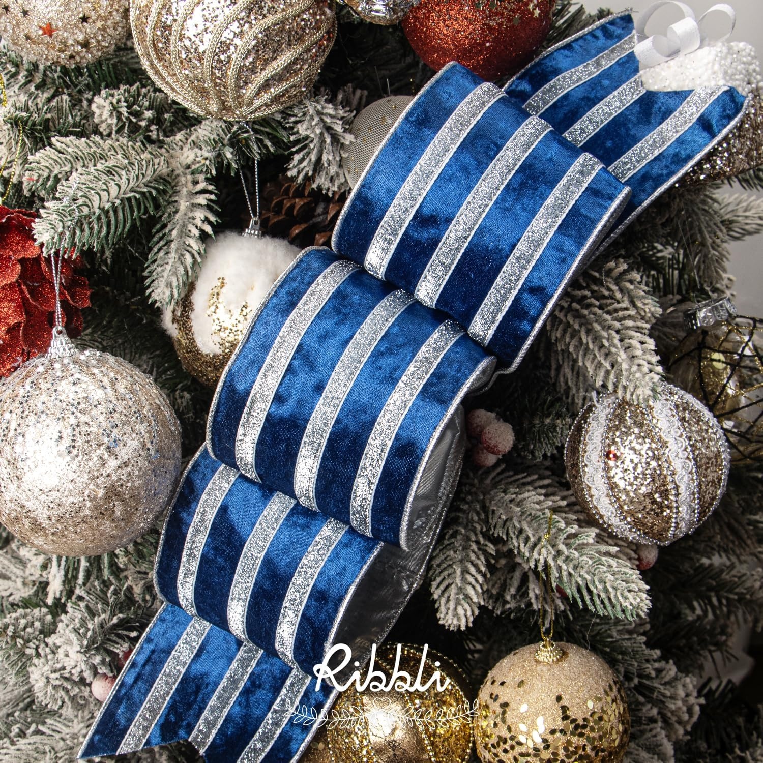 Ribbli Light Champagne Velvet Wired Ribbon with Gold Sparkling Stripe 2.5 Inch Christmas Ribbon for Tree Gift Wrapping Wreaths Garland Topper Bows Crafts Home Decor -10 Yards(Royal Blue)
