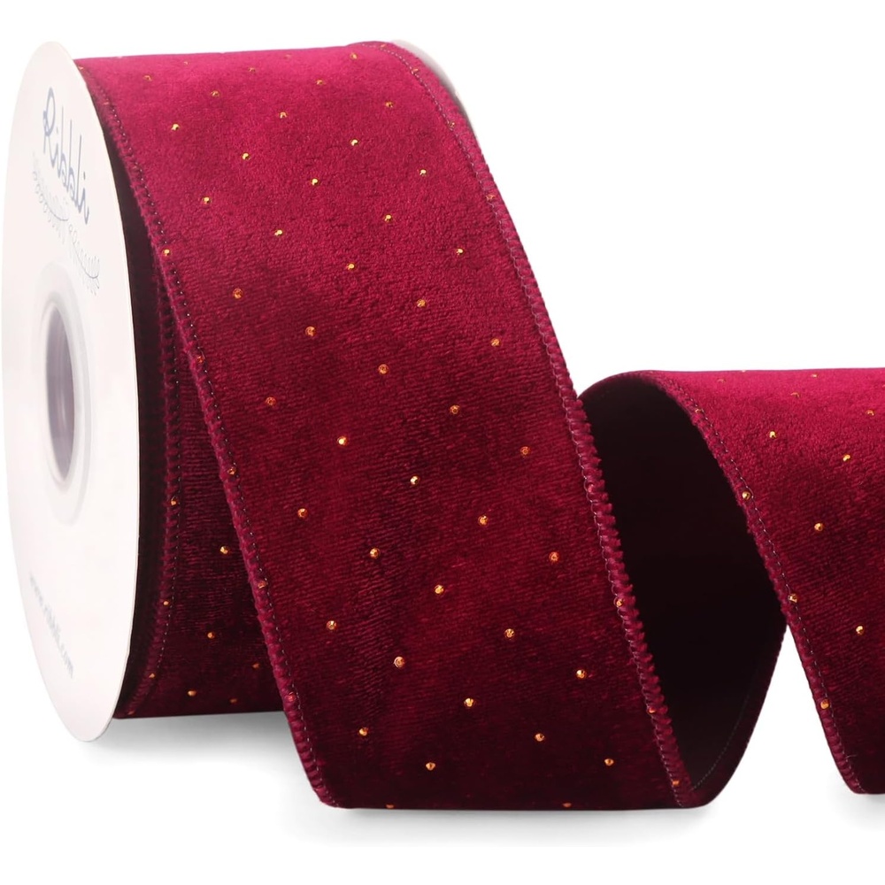 Ribbli Dusty Blue Luxury Velvet with Diamond Wired Ribbon, 2-1/2 Inch 10-Yard for Gift Wrapping Christmas Tree Decoration Crafts Wreaths Supplies(Burgundy)