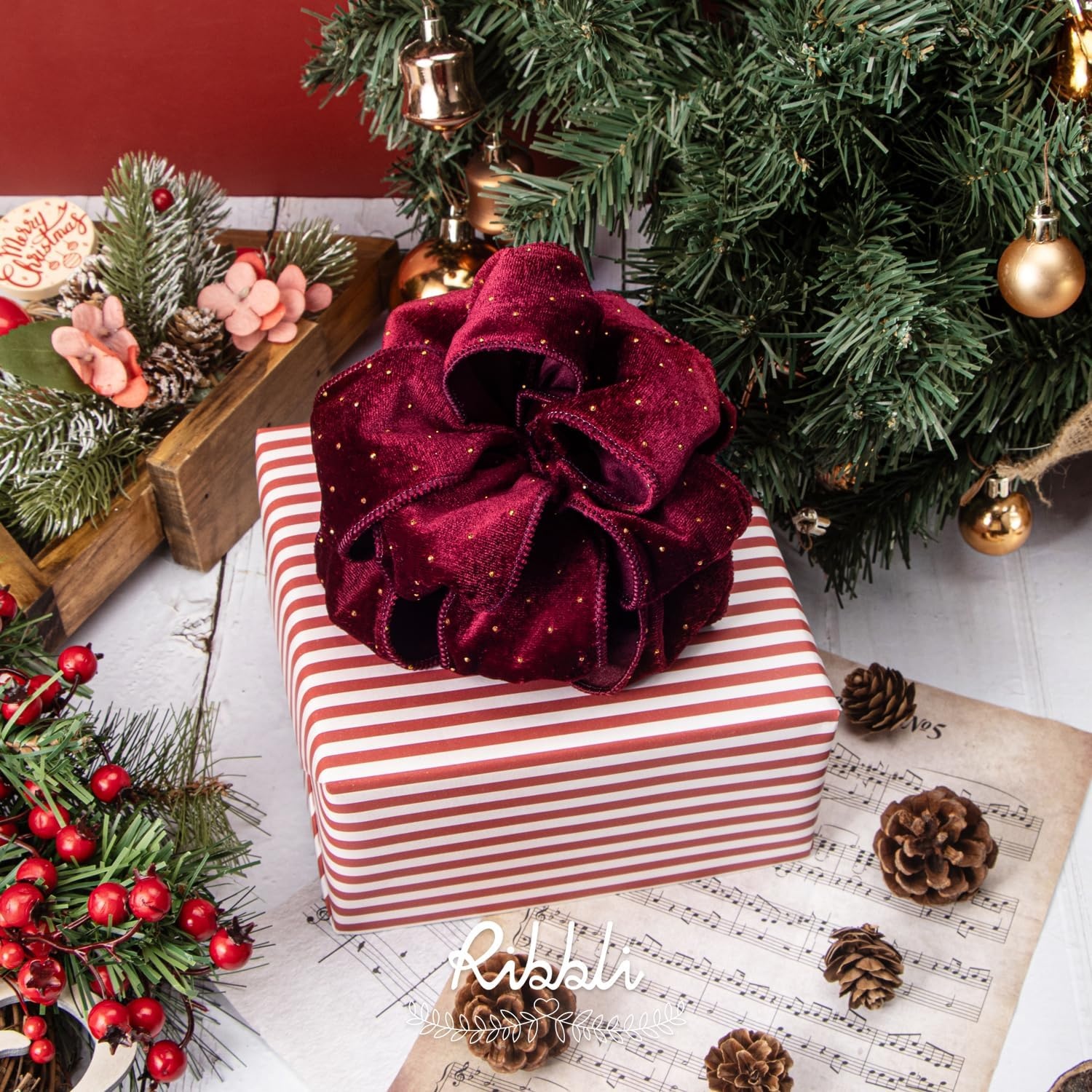 Ribbli Dusty Blue Luxury Velvet with Diamond Wired Ribbon, 2-1/2 Inch 10-Yard for Gift Wrapping Christmas Tree Decoration Crafts Wreaths Supplies(Burgundy)