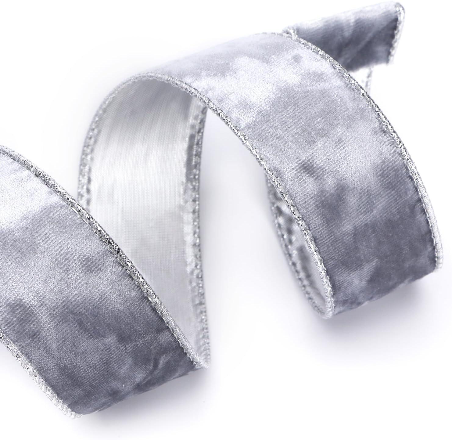 Ribbli Black Velvet Wired Ribbon 2.5 Inch Metallic Black Gold Crushed Velvet Christmas Ribbon for Gift Wrapping Christmas Tree Decoration Crafts Wreaths Supplies-Continuous 10 Yards(Silver)