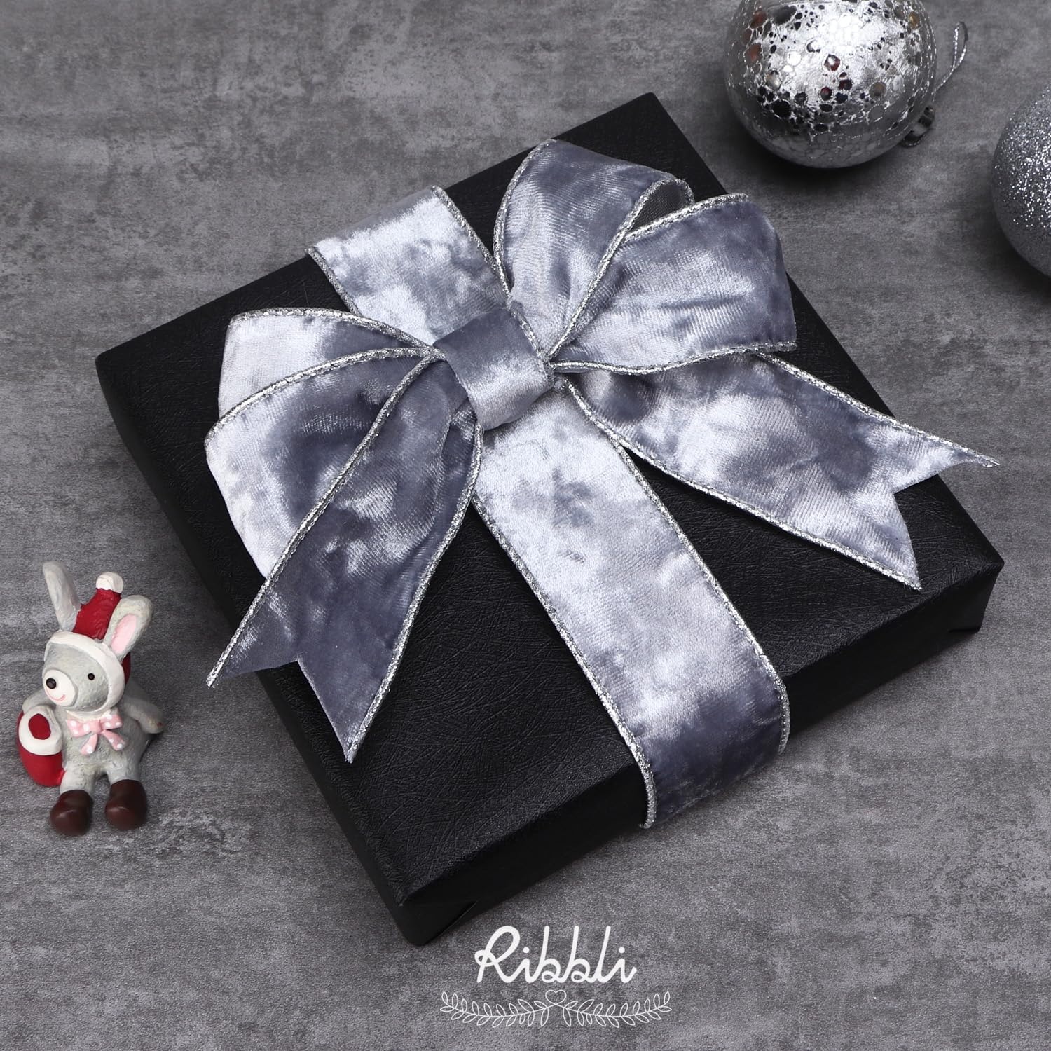 Ribbli Black Velvet Wired Ribbon 2.5 Inch Metallic Black Gold Crushed Velvet Christmas Ribbon for Gift Wrapping Christmas Tree Decoration Crafts Wreaths Supplies-Continuous 10 Yards(Silver)