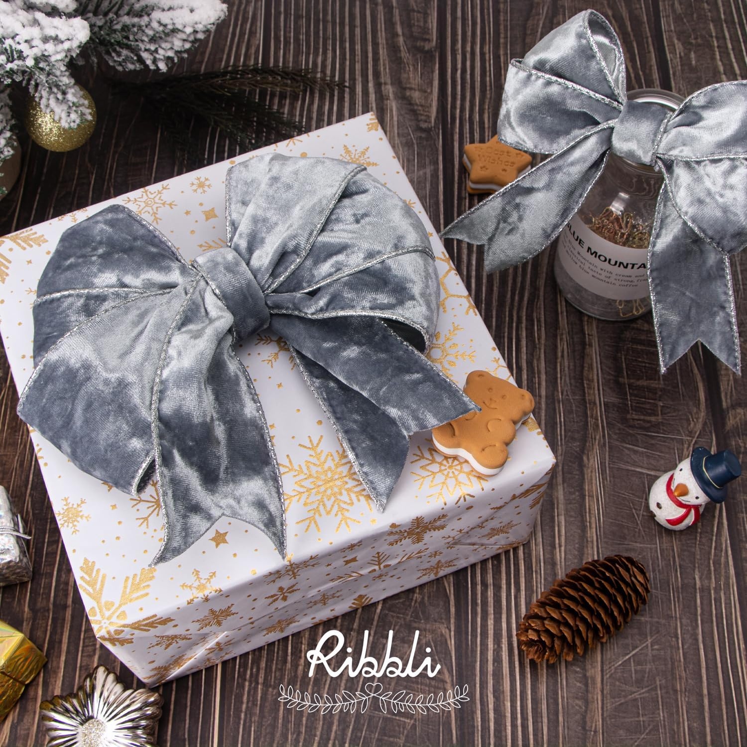 Ribbli Black Velvet Wired Ribbon 2.5 Inch Metallic Black Gold Crushed Velvet Christmas Ribbon for Gift Wrapping Christmas Tree Decoration Crafts Wreaths Supplies-Continuous 10 Yards(Silver)