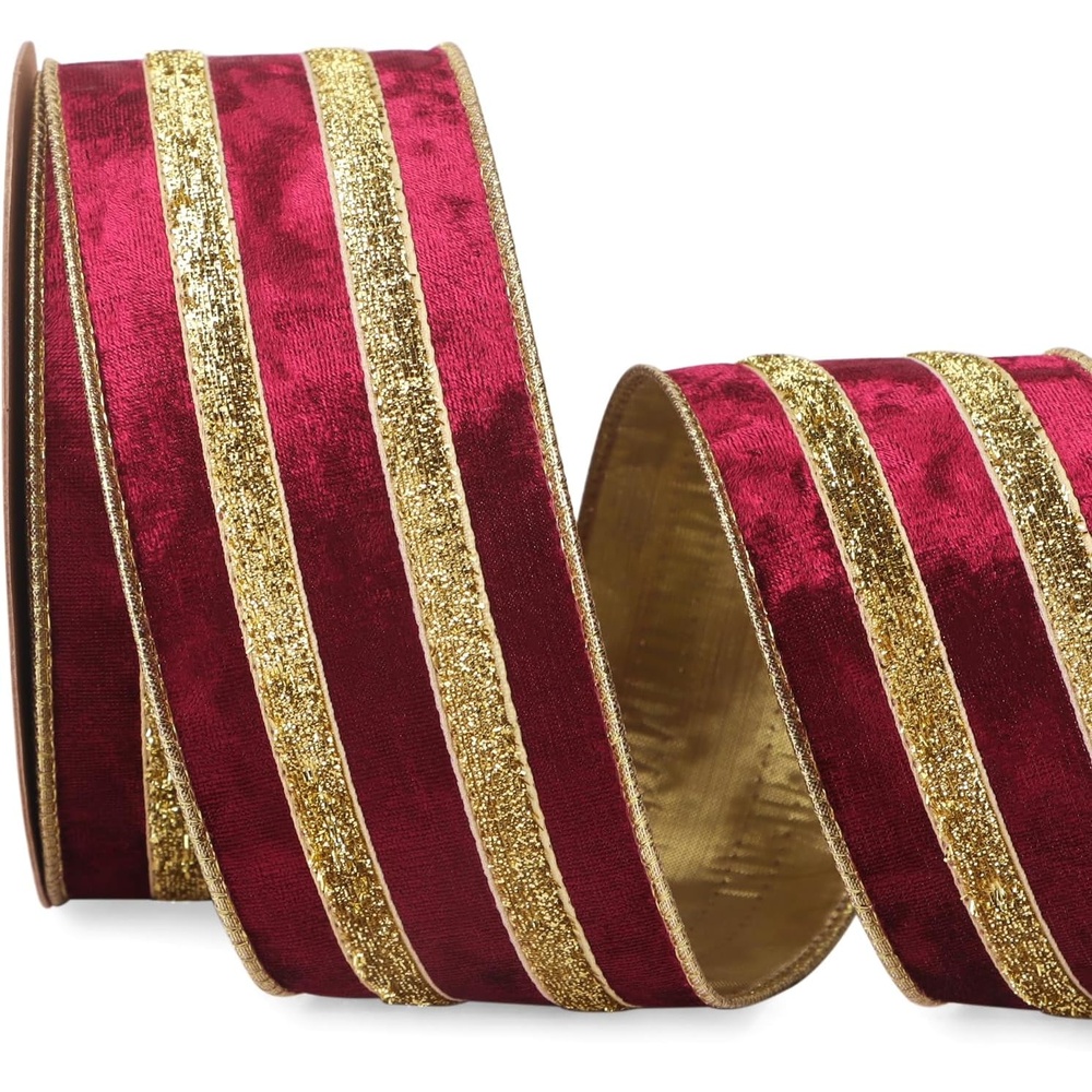 Ribbli Light Champagne Velvet Wired Ribbon with Gold Sparkling Stripe 2.5 Inch Christmas Ribbon for Tree Gift Wrapping Wreaths Garland Topper Bows Crafts Home Decor -10 Yards(Burgundy)