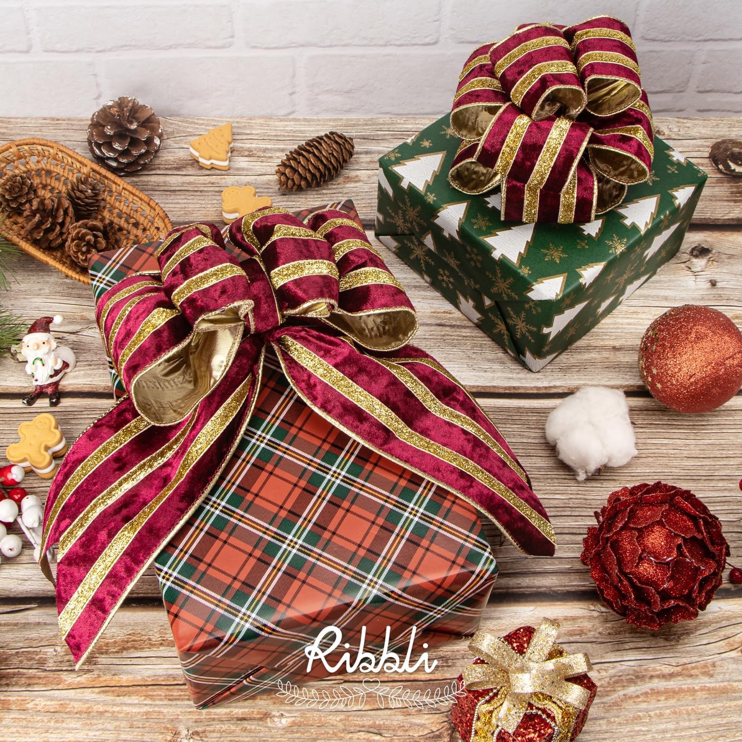 Ribbli Light Champagne Velvet Wired Ribbon with Gold Sparkling Stripe 2.5 Inch Christmas Ribbon for Tree Gift Wrapping Wreaths Garland Topper Bows Crafts Home Decor -10 Yards(Burgundy)