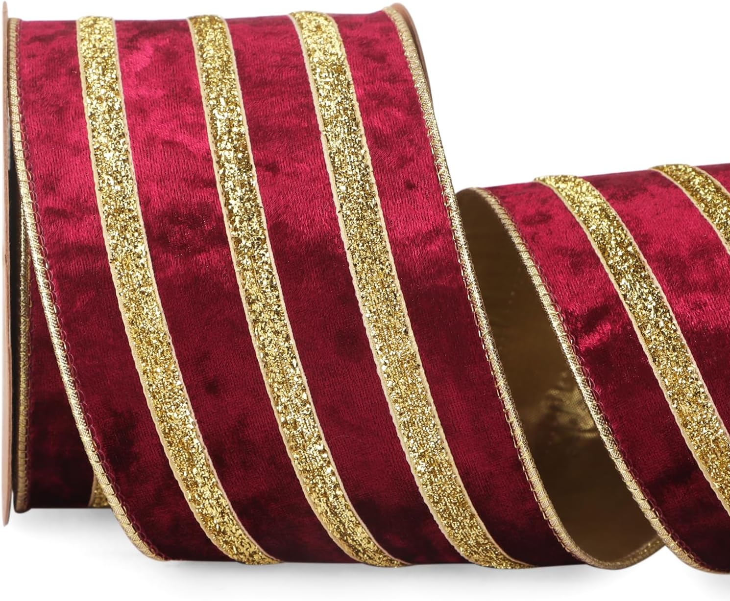 Ribbli Light Champagne Velvet Wired Ribbon with Gold Sparkling Stripe 2.5 Inch Christmas Ribbon for Tree Gift Wrapping Wreaths Garland Topper Bows Crafts Home Decor -10 Yards(Burgundy)