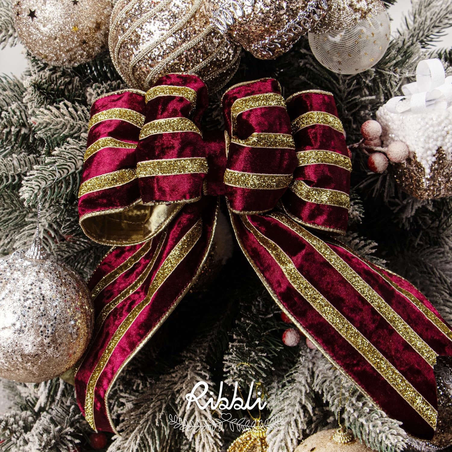 Ribbli Light Champagne Velvet Wired Ribbon with Gold Sparkling Stripe 2.5 Inch Christmas Ribbon for Tree Gift Wrapping Wreaths Garland Topper Bows Crafts Home Decor -10 Yards(Burgundy)