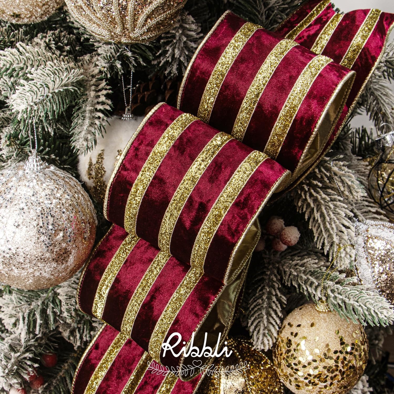 Ribbli Light Champagne Velvet Wired Ribbon with Gold Sparkling Stripe 2.5 Inch Christmas Ribbon for Tree Gift Wrapping Wreaths Garland Topper Bows Crafts Home Decor -10 Yards(Burgundy)