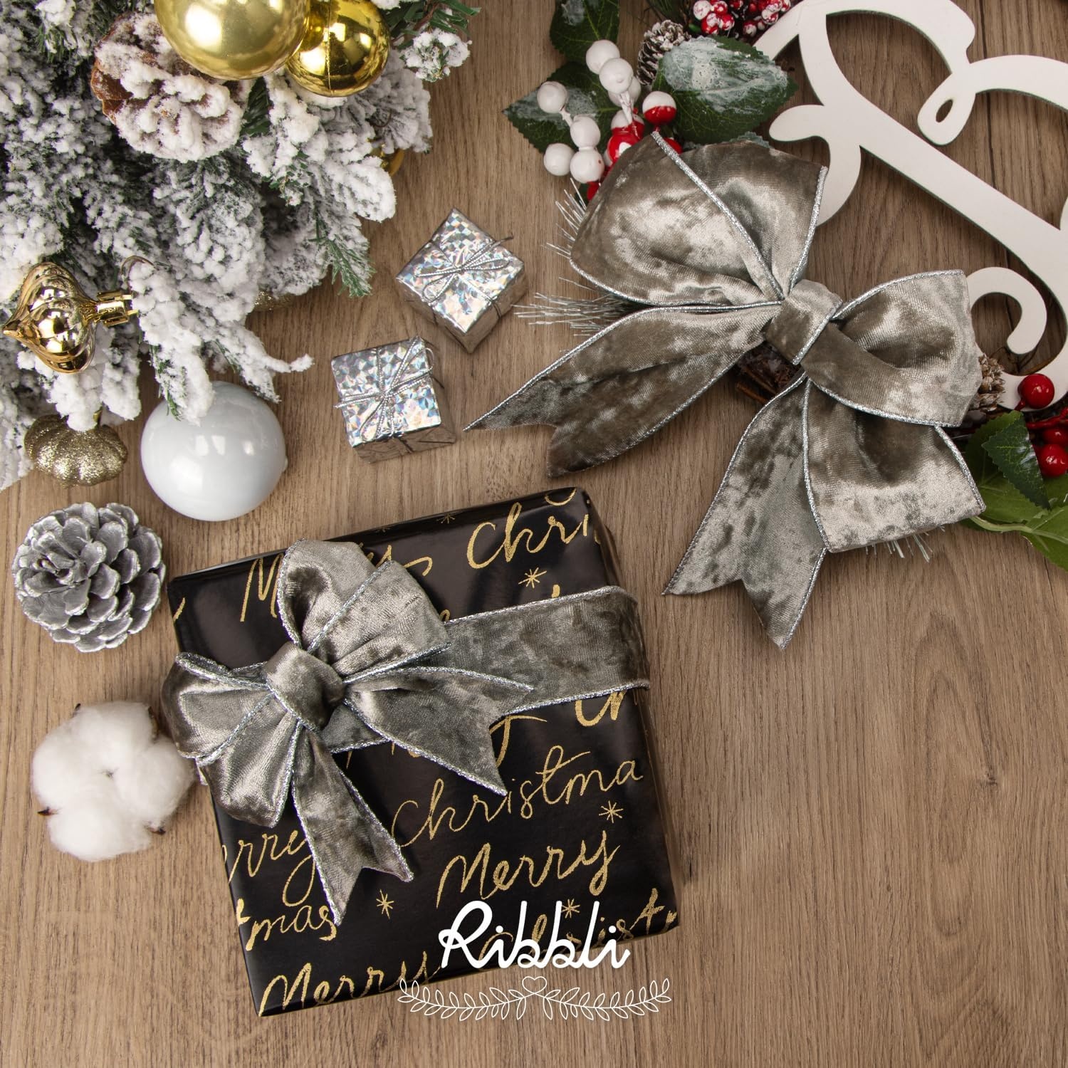 Ribbli Black Velvet Wired Ribbon 2.5 Inch Metallic Black Gold Crushed Velvet Christmas Ribbon for Gift Wrapping Christmas Tree Decoration Crafts Wreaths Supplies-Continuous 10 Yards(Taupe)