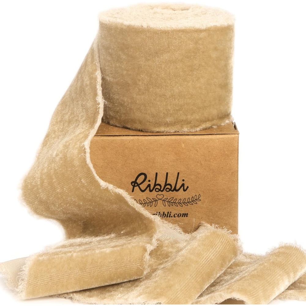 Ribbli Light Champagne Velvet Ribbon 2 Inch Handmade Frayed Vintage Christmas Ribbon for Gift Wrapping Christmas Tree Ornament Wreath Craft Home Decor-3 Yards(Light Champagne)