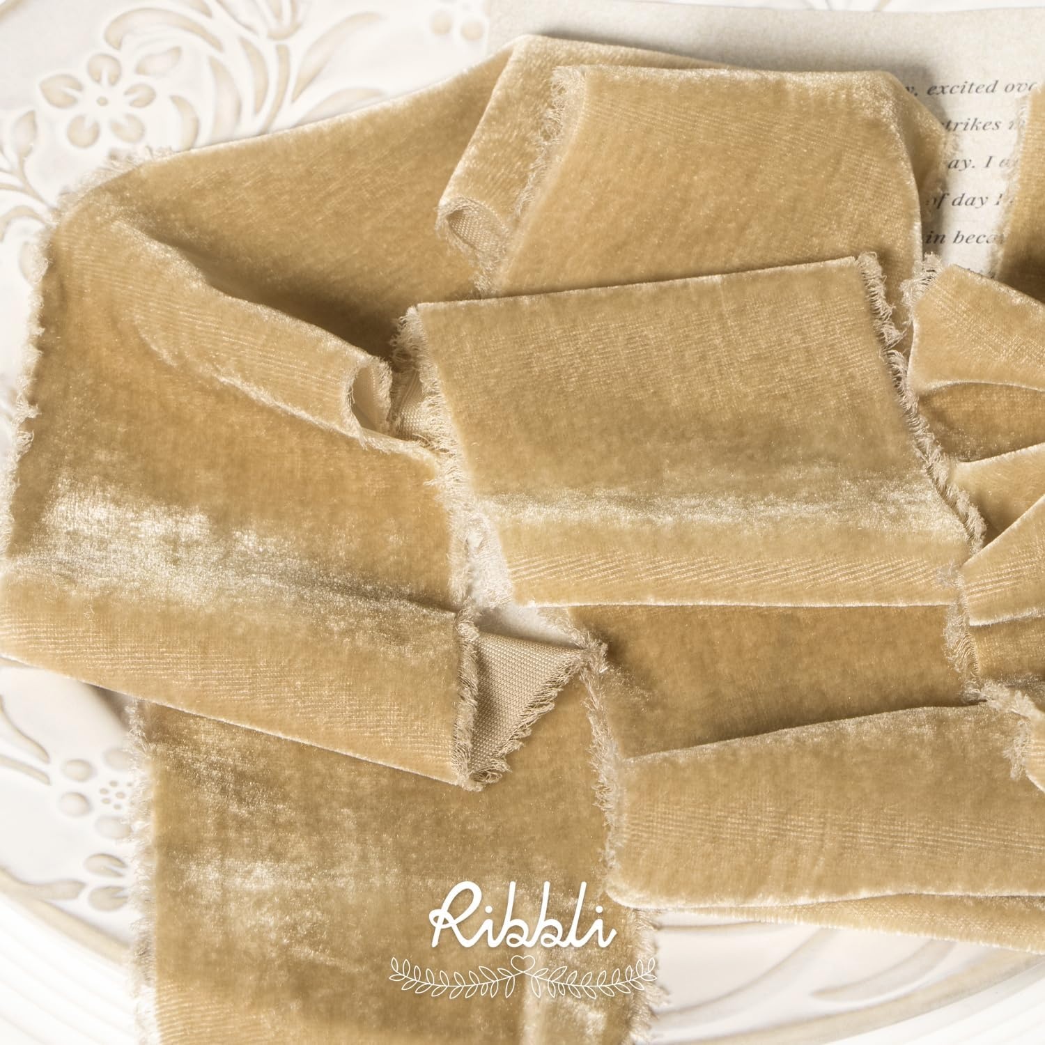 Ribbli Light Champagne Velvet Ribbon 2 Inch Handmade Frayed Vintage Christmas Ribbon for Gift Wrapping Christmas Tree Ornament Wreath Craft Home Decor-3 Yards(Light Champagne)