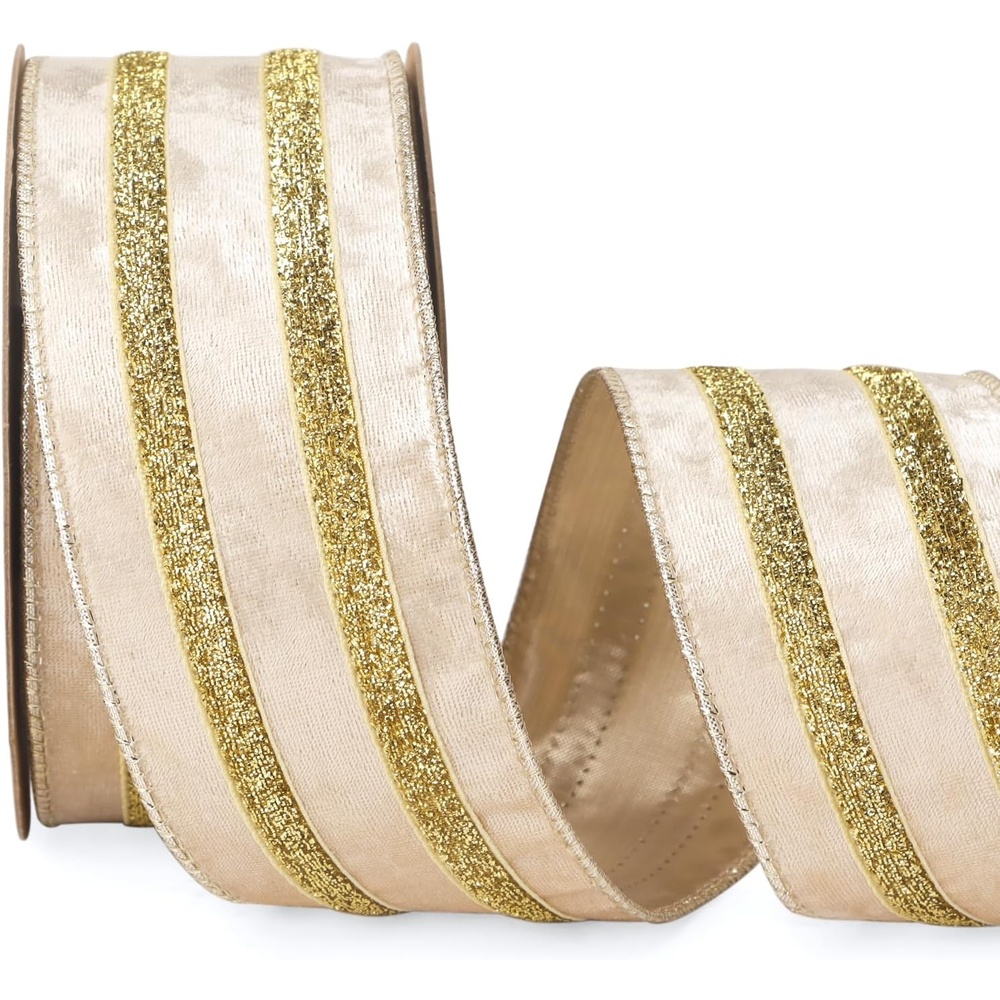 Ribbli Light Champagne Velvet Wired Ribbon with Gold Sparkling Stripe 2.5 Inch Christmas Ribbon for Tree Gift Wrapping Wreaths Garland Topper Bows Crafts Home Decor -10 Yards(Champagne)