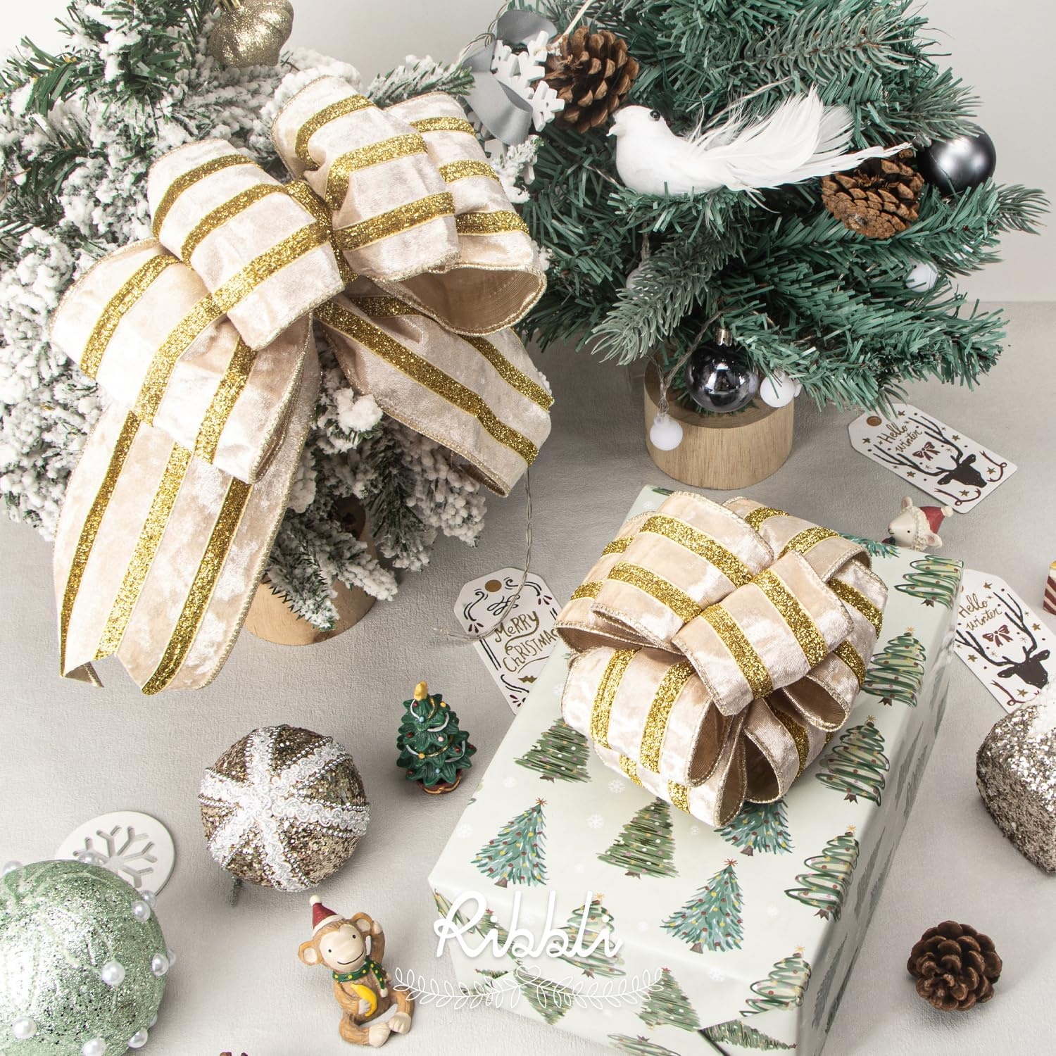 Ribbli Light Champagne Velvet Wired Ribbon with Gold Sparkling Stripe 2.5 Inch Christmas Ribbon for Tree Gift Wrapping Wreaths Garland Topper Bows Crafts Home Decor -10 Yards(Champagne)