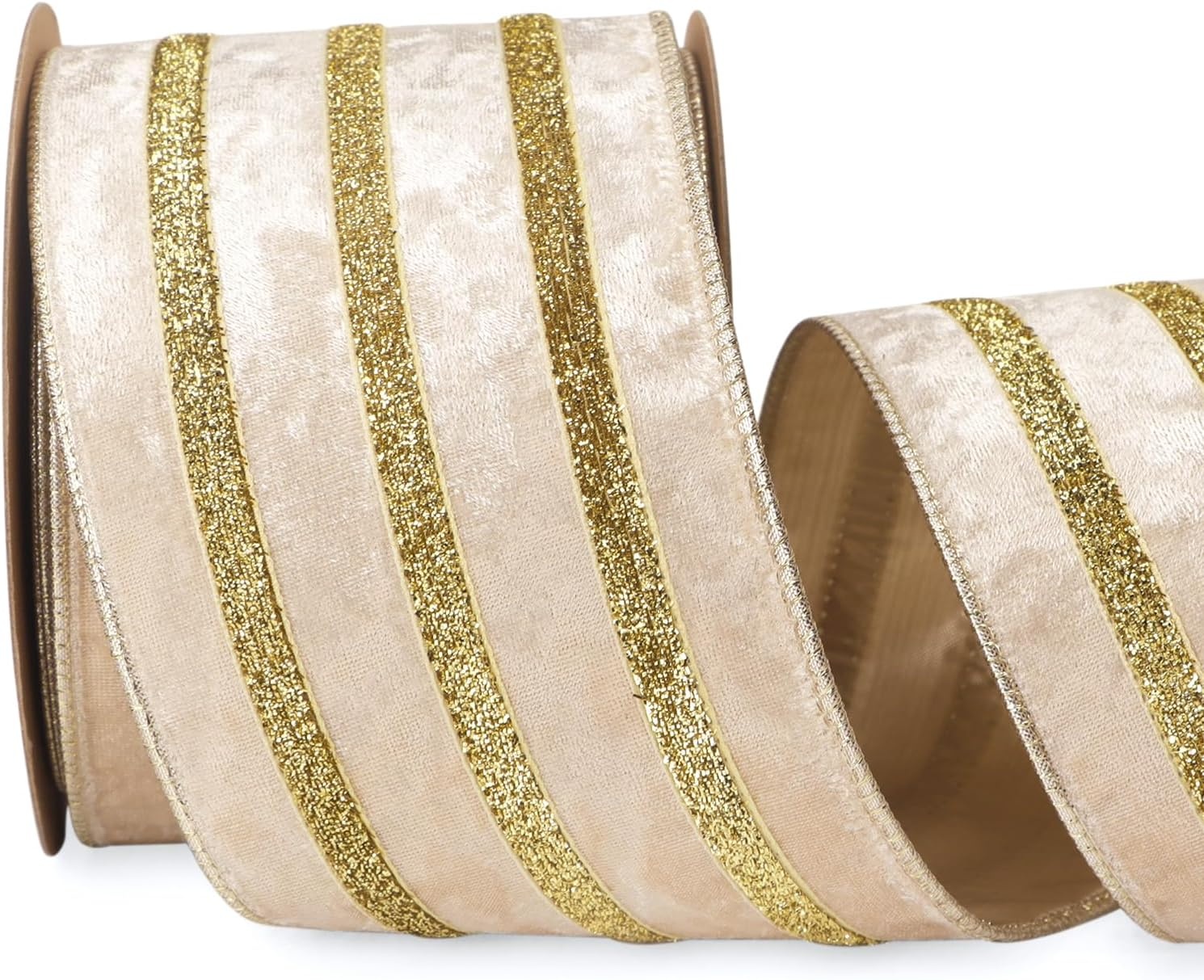 Ribbli Light Champagne Velvet Wired Ribbon with Gold Sparkling Stripe 2.5 Inch Christmas Ribbon for Tree Gift Wrapping Wreaths Garland Topper Bows Crafts Home Decor -10 Yards(Champagne)