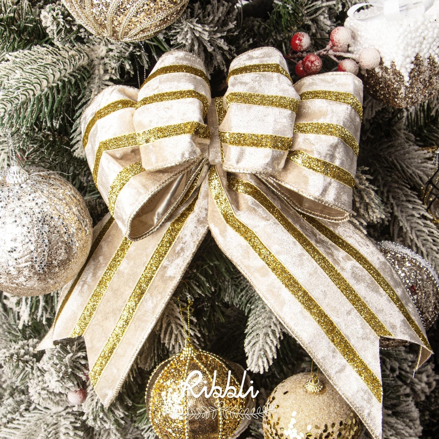 Ribbli Light Champagne Velvet Wired Ribbon with Gold Sparkling Stripe 2.5 Inch Christmas Ribbon for Tree Gift Wrapping Wreaths Garland Topper Bows Crafts Home Decor -10 Yards(Champagne)