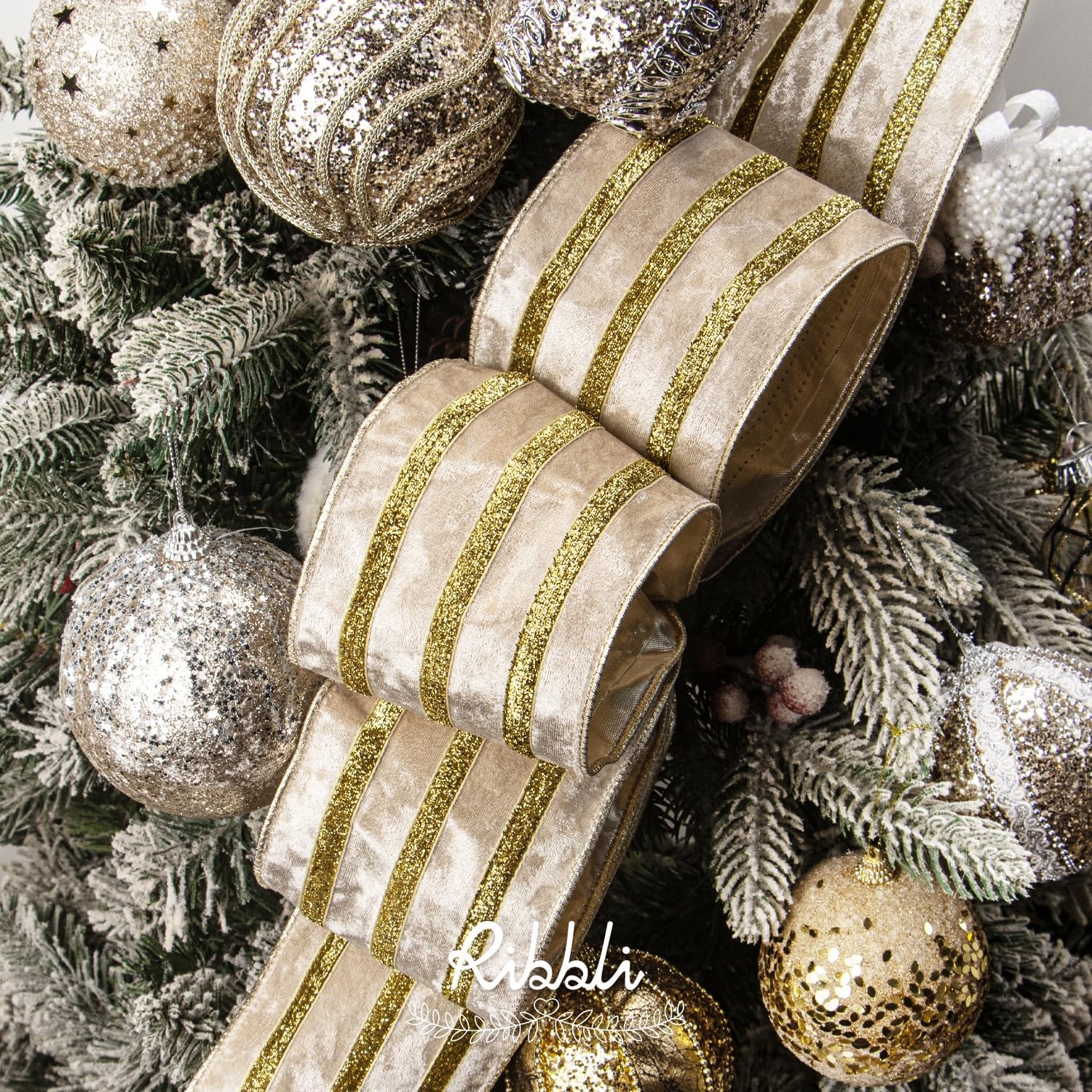 Ribbli Light Champagne Velvet Wired Ribbon with Gold Sparkling Stripe 2.5 Inch Christmas Ribbon for Tree Gift Wrapping Wreaths Garland Topper Bows Crafts Home Decor -10 Yards(Champagne)