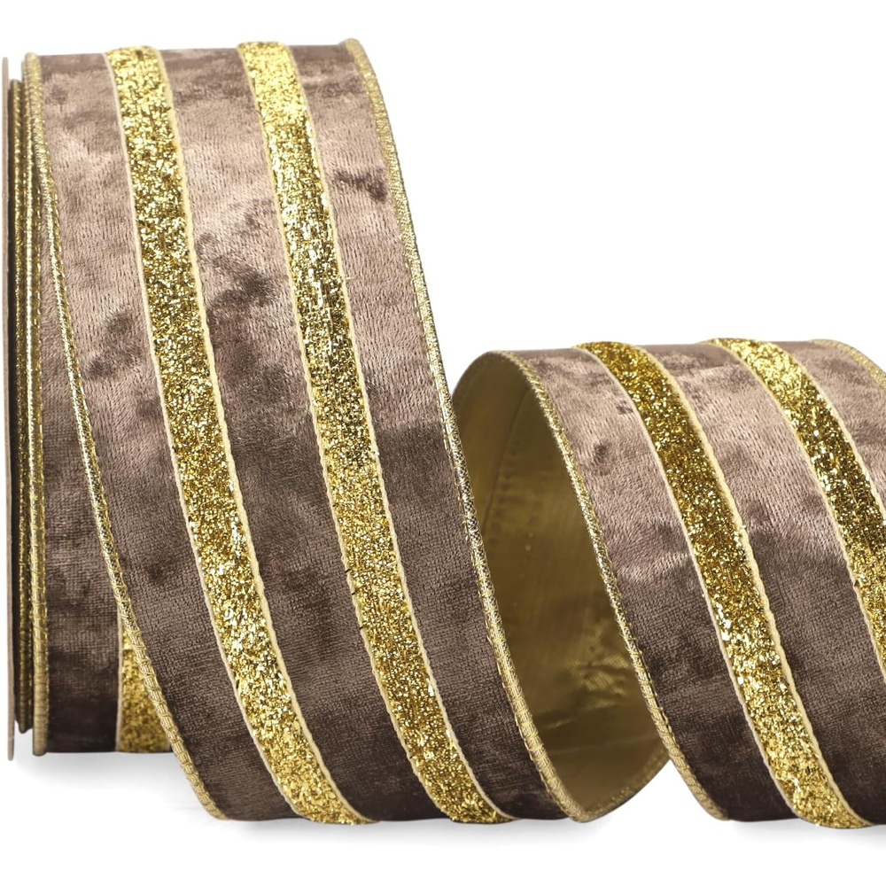Ribbli Light Champagne Velvet Wired Ribbon with Gold Sparkling Stripe 2.5 Inch Christmas Ribbon for Tree Gift Wrapping Wreaths Garland Topper Bows Crafts Home Decor -10 Yards(Lt.Brown)