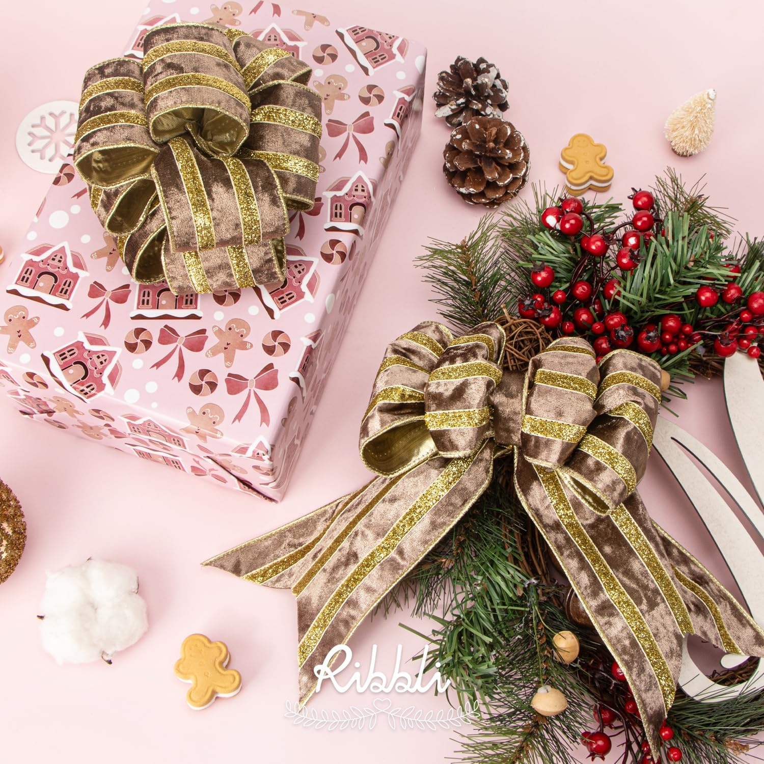 Ribbli Light Champagne Velvet Wired Ribbon with Gold Sparkling Stripe 2.5 Inch Christmas Ribbon for Tree Gift Wrapping Wreaths Garland Topper Bows Crafts Home Decor -10 Yards(Lt.Brown)