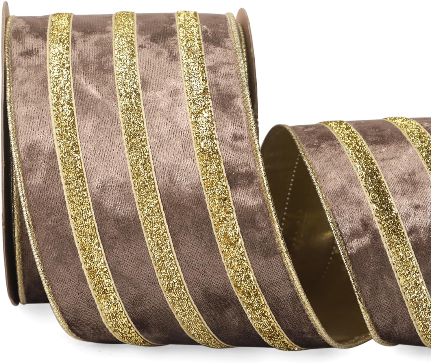 Ribbli Light Champagne Velvet Wired Ribbon with Gold Sparkling Stripe 2.5 Inch Christmas Ribbon for Tree Gift Wrapping Wreaths Garland Topper Bows Crafts Home Decor -10 Yards(Lt.Brown)