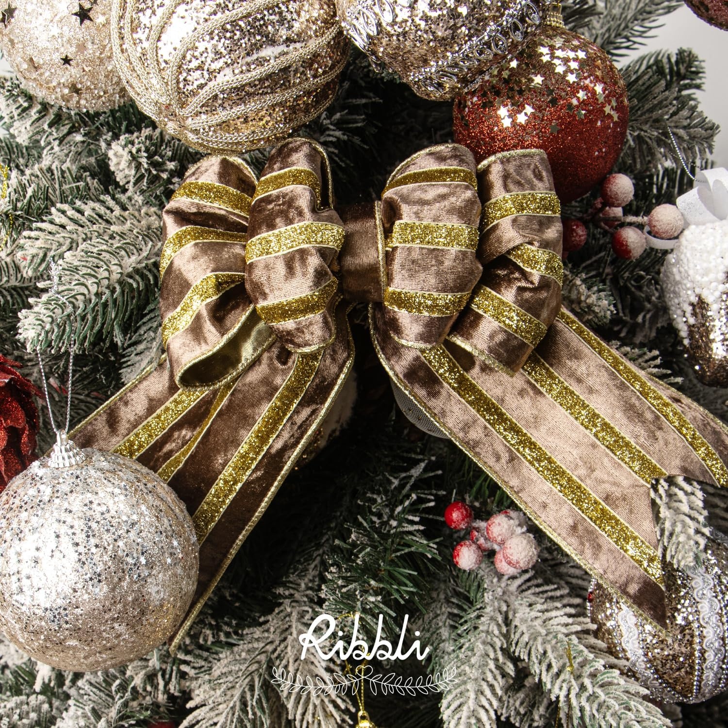 Ribbli Light Champagne Velvet Wired Ribbon with Gold Sparkling Stripe 2.5 Inch Christmas Ribbon for Tree Gift Wrapping Wreaths Garland Topper Bows Crafts Home Decor -10 Yards(Lt.Brown)