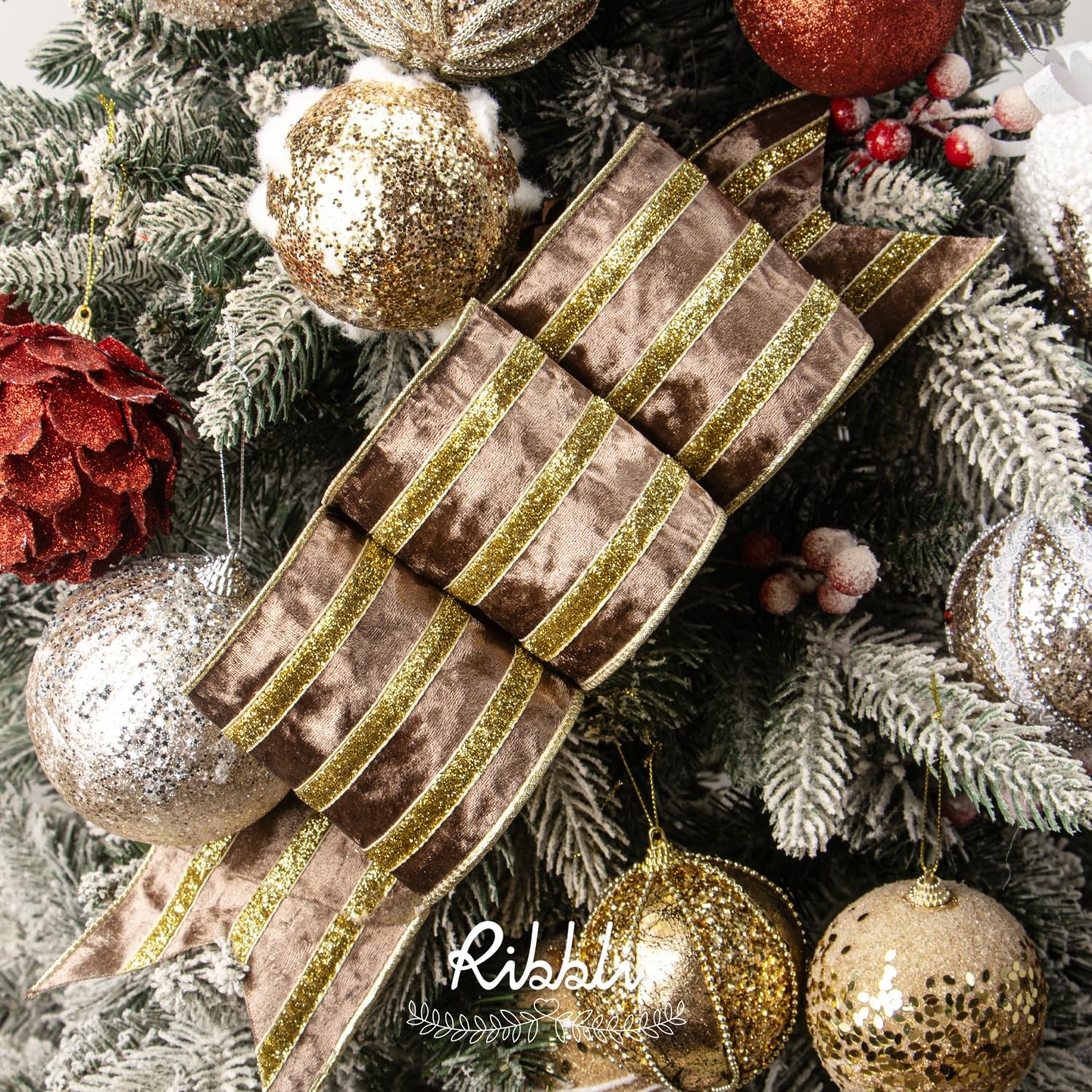 Ribbli Light Champagne Velvet Wired Ribbon with Gold Sparkling Stripe 2.5 Inch Christmas Ribbon for Tree Gift Wrapping Wreaths Garland Topper Bows Crafts Home Decor -10 Yards(Lt.Brown)