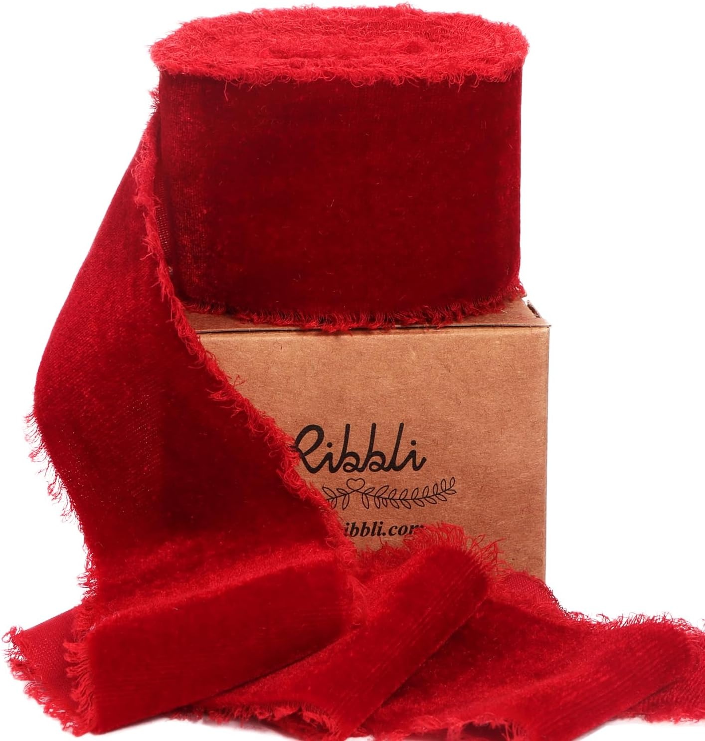 Ribbli Light Champagne Velvet Ribbon 2 Inch Handmade Frayed Vintage Christmas Ribbon for Gift Wrapping Christmas Tree Ornament Wreath Craft Home Decor-3 Yards(Red)