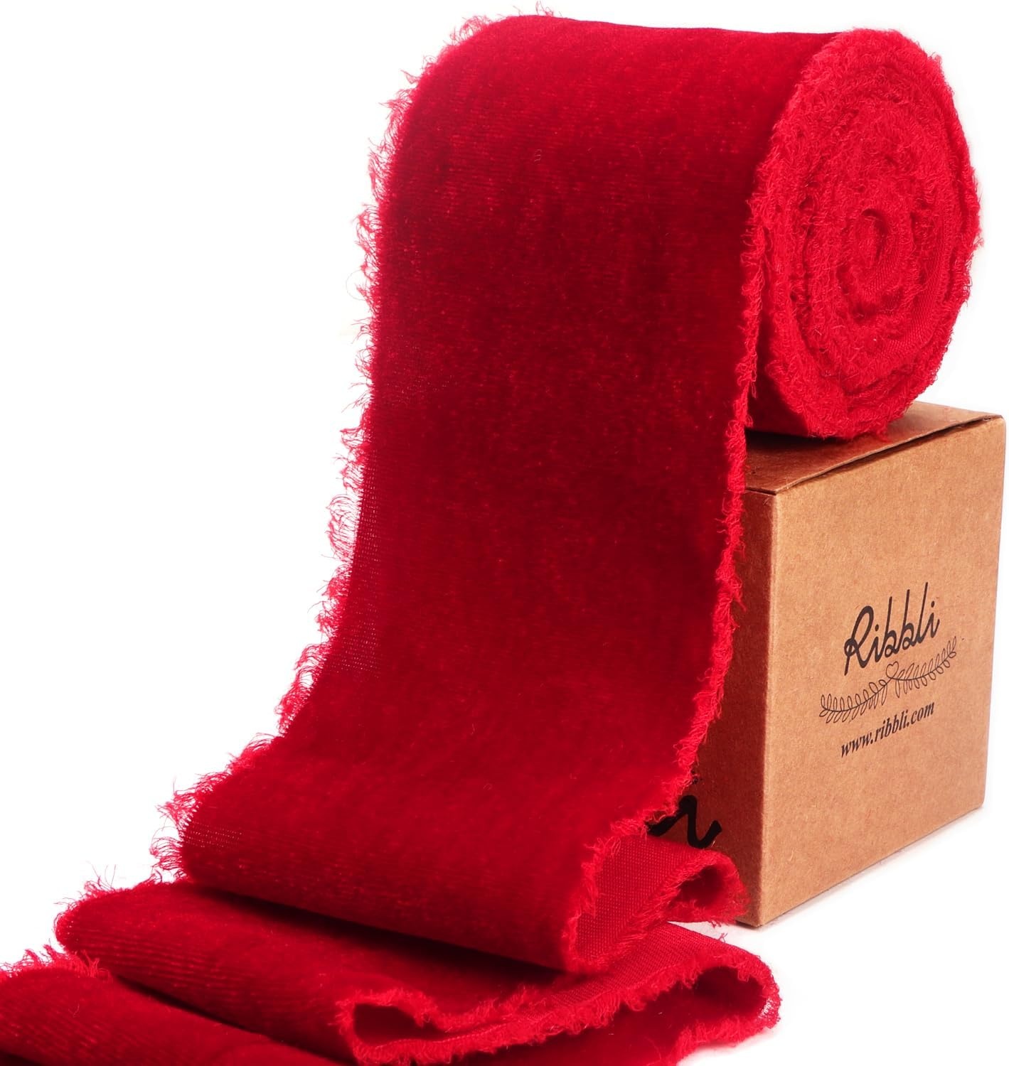 Ribbli Light Champagne Velvet Ribbon 2 Inch Handmade Frayed Vintage Christmas Ribbon for Gift Wrapping Christmas Tree Ornament Wreath Craft Home Decor-3 Yards(Red)