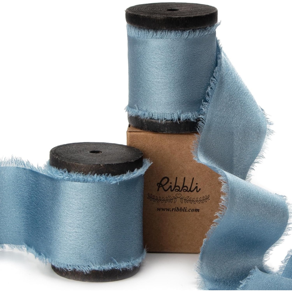 Ribbli Ivory Silk Satin Ribbon 1.5 Inch x 12 Yard Handmade Frayed Chiffon Ribbon with Wooden Spool for Gift Wrapping, Wedding Invitations, Bridal Bouquets, Home Decor(Dusty Blue)