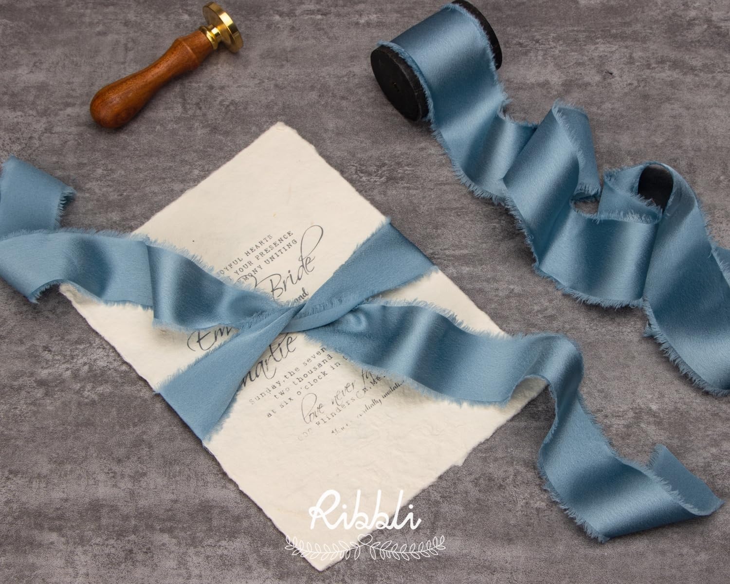 Ribbli Ivory Silk Satin Ribbon 1.5 Inch x 12 Yard Handmade Frayed Chiffon Ribbon with Wooden Spool for Gift Wrapping, Wedding Invitations, Bridal Bouquets, Home Decor(Dusty Blue)