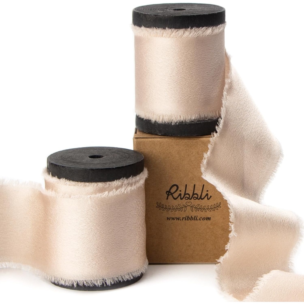 Ribbli Ivory Silk Satin Ribbon 1.5 Inch x 12 Yard Handmade Frayed Chiffon Ribbon with Wooden Spool for Gift Wrapping, Wedding Invitations, Bridal Bouquets, Home Decor(Lt.Champagne)