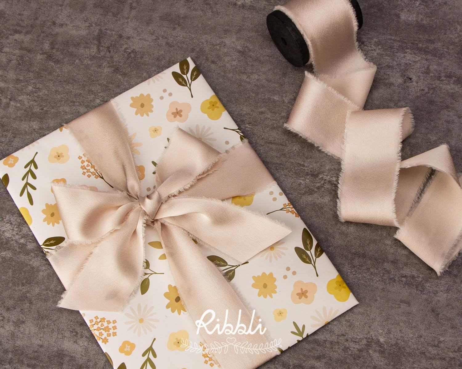 Ribbli Ivory Silk Satin Ribbon 1.5 Inch x 12 Yard Handmade Frayed Chiffon Ribbon with Wooden Spool for Gift Wrapping, Wedding Invitations, Bridal Bouquets, Home Decor(Lt.Champagne)