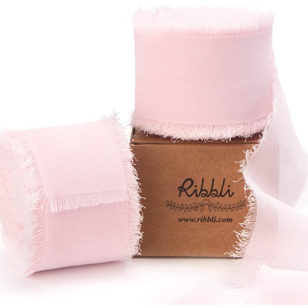 Ribbli Antique Mauve Chiffon Ribbon 1-1/2 inch x 20 Yard Handmade Fringe Chiffon Silk Ribbon,Black Ribbon for Wedding Invitations, Bridal Bouquets Wrapping, Flower Arrangement Decoration(Pale Blush)