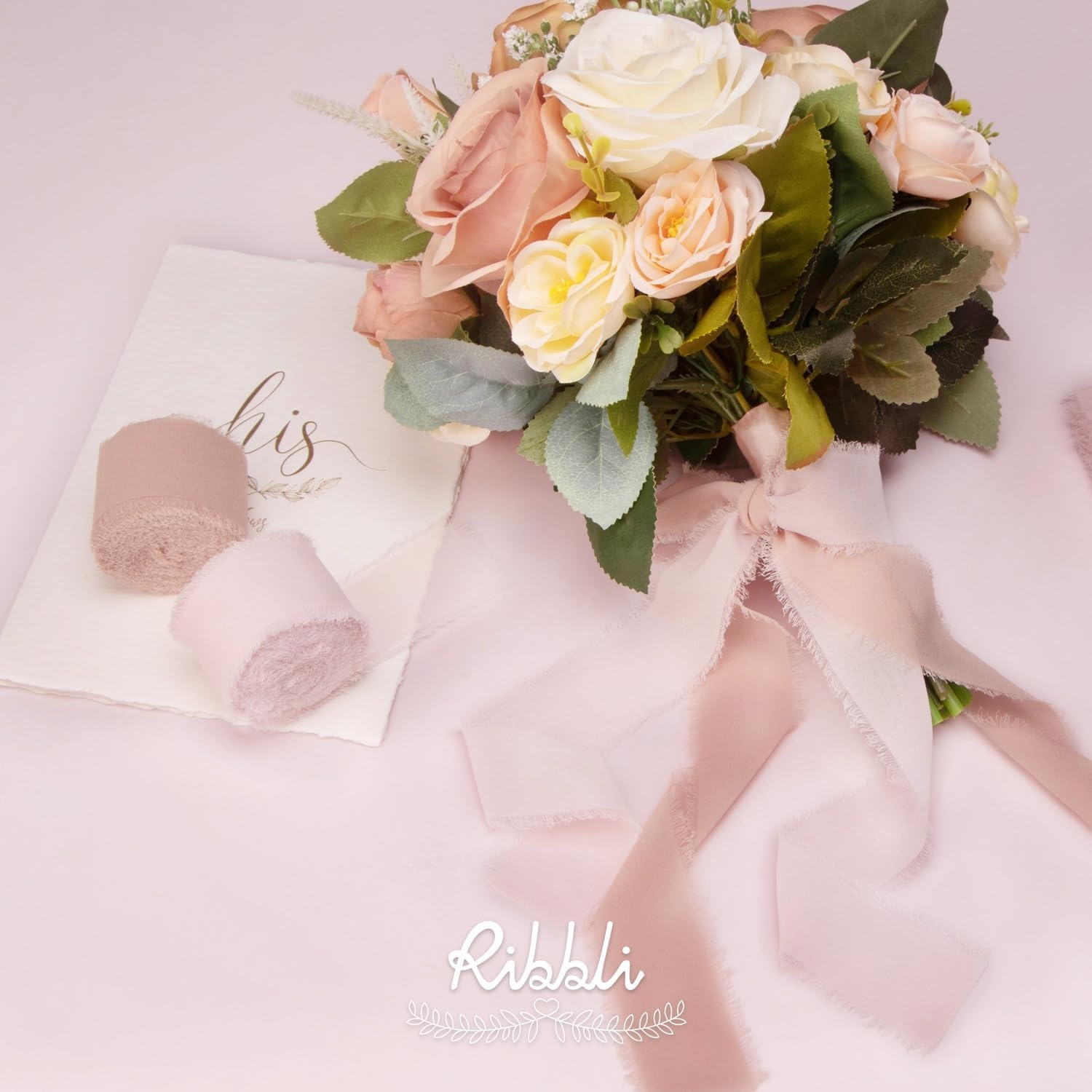 Ribbli Antique Mauve Chiffon Ribbon 1-1/2 inch x 20 Yard Handmade Fringe Chiffon Silk Ribbon,Black Ribbon for Wedding Invitations, Bridal Bouquets Wrapping, Flower Arrangement Decoration(Pale Blush)
