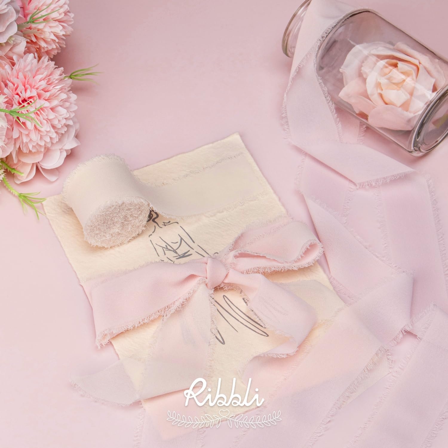 Ribbli Antique Mauve Chiffon Ribbon 1-1/2 inch x 20 Yard Handmade Fringe Chiffon Silk Ribbon,Black Ribbon for Wedding Invitations, Bridal Bouquets Wrapping, Flower Arrangement Decoration(Pale Blush)