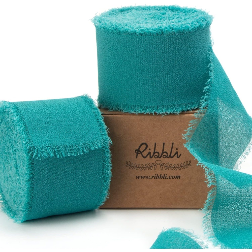 Ribbli Antique Mauve Chiffon Ribbon 1-1/2 inch x 20 Yard Handmade Fringe Chiffon Silk Ribbon,Black Ribbon for Wedding Invitations, Bridal Bouquets Wrapping, Flower Arrangement Decoration(Teal)