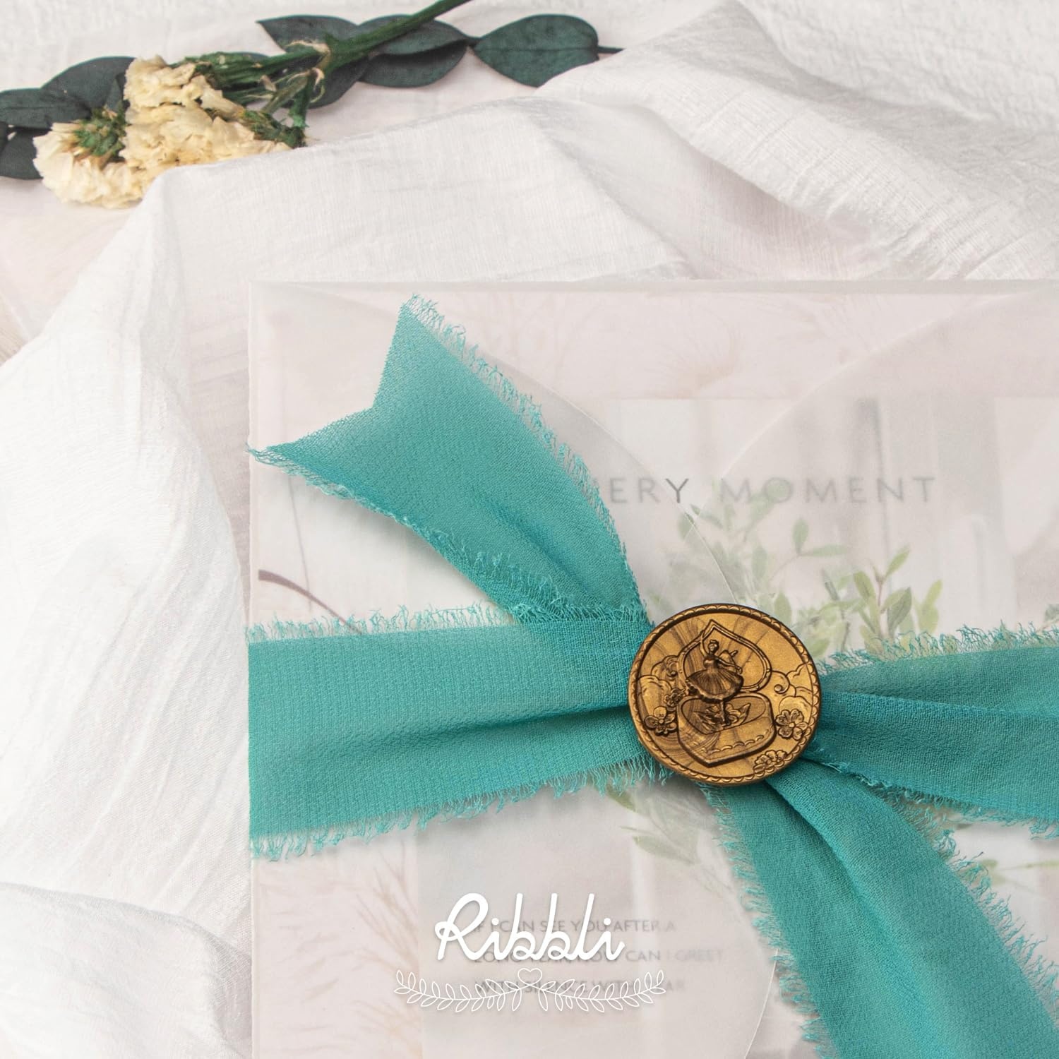 Ribbli Antique Mauve Chiffon Ribbon 1-1/2 inch x 20 Yard Handmade Fringe Chiffon Silk Ribbon,Black Ribbon for Wedding Invitations, Bridal Bouquets Wrapping, Flower Arrangement Decoration(Teal)