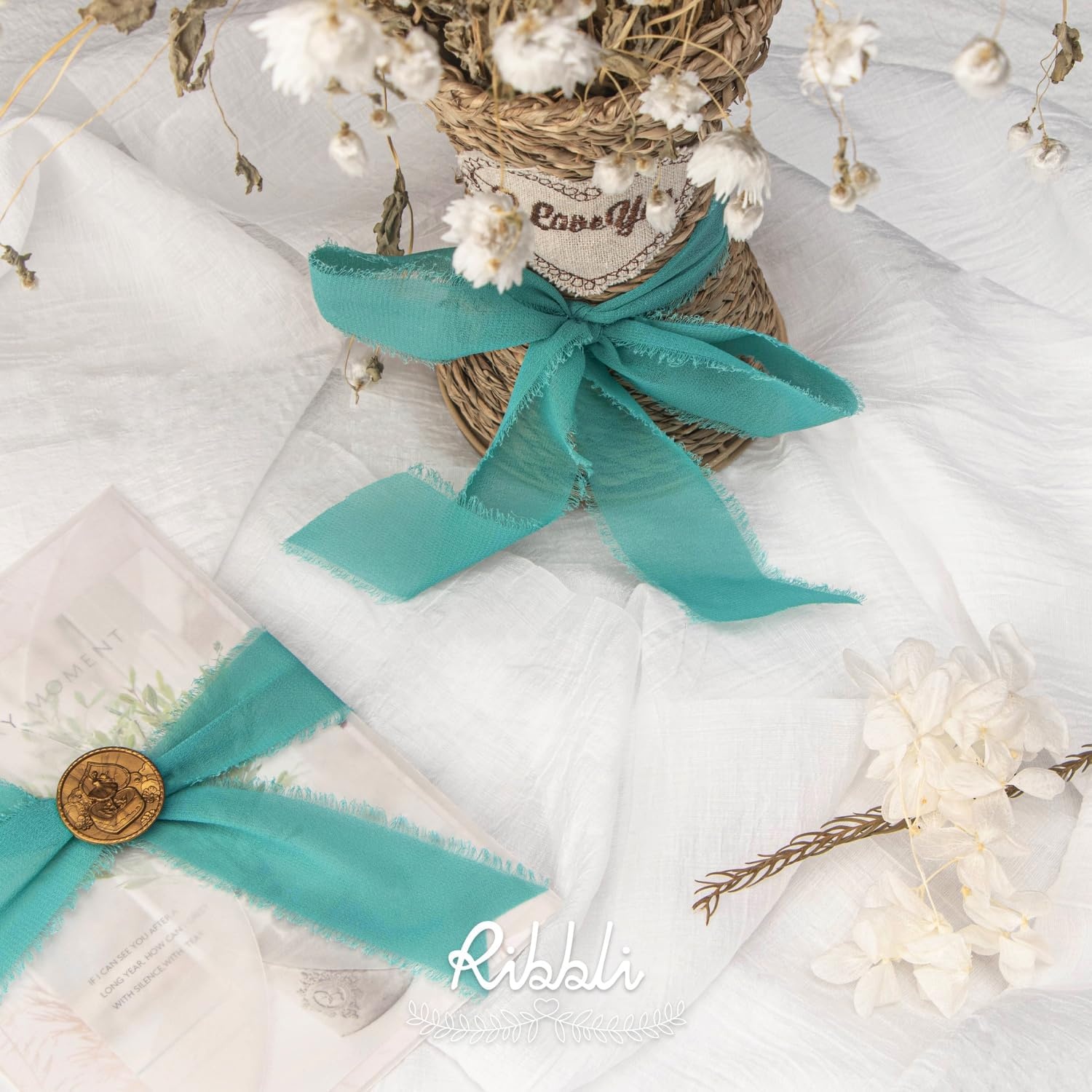 Ribbli Antique Mauve Chiffon Ribbon 1-1/2 inch x 20 Yard Handmade Fringe Chiffon Silk Ribbon,Black Ribbon for Wedding Invitations, Bridal Bouquets Wrapping, Flower Arrangement Decoration(Teal)