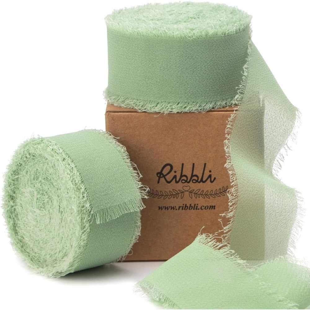 Ribbli Antique Mauve Chiffon Ribbon 1-1/2 inch x 20 Yard Handmade Fringe Chiffon Silk Ribbon,Black Ribbon for Wedding Invitations, Bridal Bouquets Wrapping, Flower Arrangement Decoration(Sage Green)