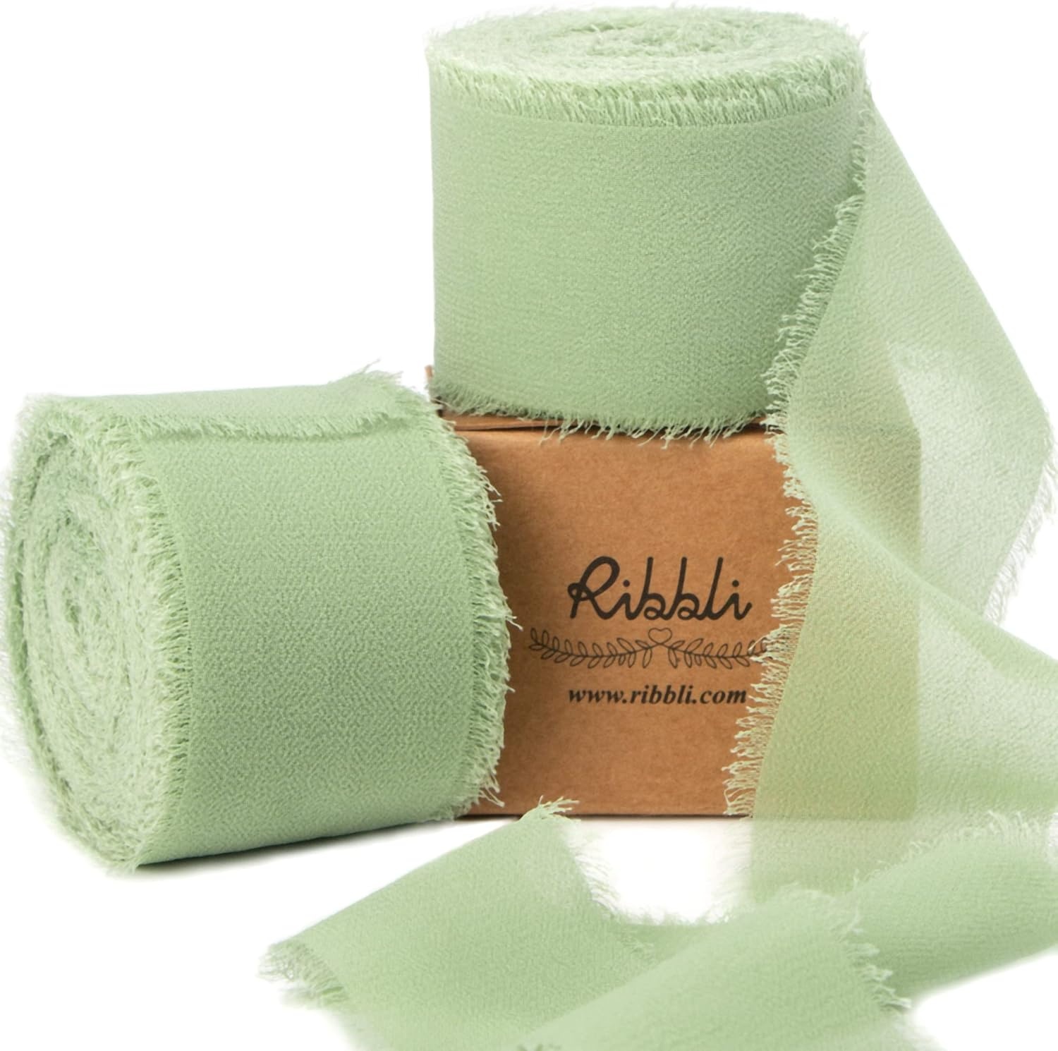 Ribbli Antique Mauve Chiffon Ribbon 1-1/2 inch x 20 Yard Handmade Fringe Chiffon Silk Ribbon,Black Ribbon for Wedding Invitations, Bridal Bouquets Wrapping, Flower Arrangement Decoration(Sage Green)
