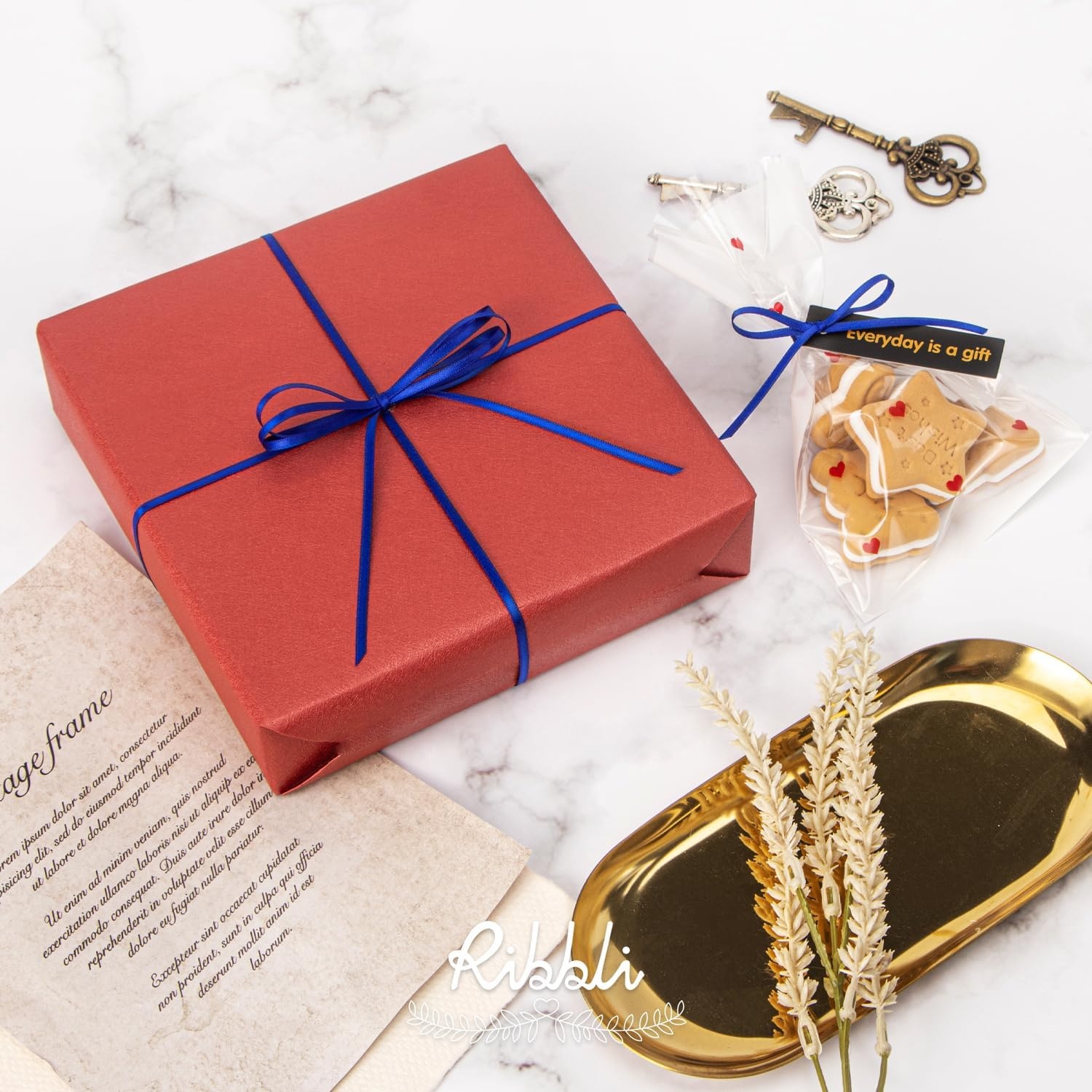 Ribbli Champagne Gold Satin Ribbon 1/8 inch x Continuous 100 Yards, Thin Champagne Ribbon Double Faced Use for Wedding Invitation Card, Gift Wrapping, Christmas Ornaments,Tag Decoration(Blue Cobalt)