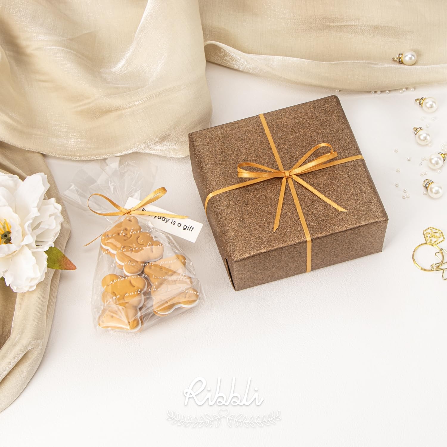 Ribbli Champagne Gold Satin Ribbon 1/8 inch x Continuous 100 Yards, Thin Champagne Ribbon Double Faced Use for Wedding Invitation Card, Gift Wrapping, Christmas Ornaments,Tag Decoration(Gold Old)