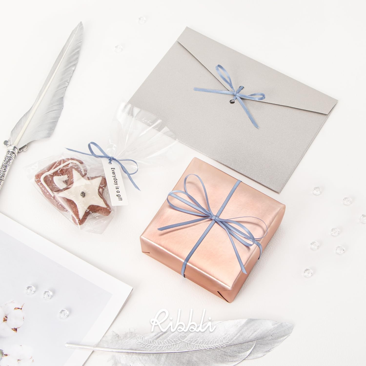 Ribbli Champagne Gold Satin Ribbon 1/8 inch x Continuous 100 Yards, Thin Champagne Ribbon Double Faced Use for Wedding Invitation Card, Gift Wrapping, Christmas Ornaments,Tag Decoration(Blue Dusty)