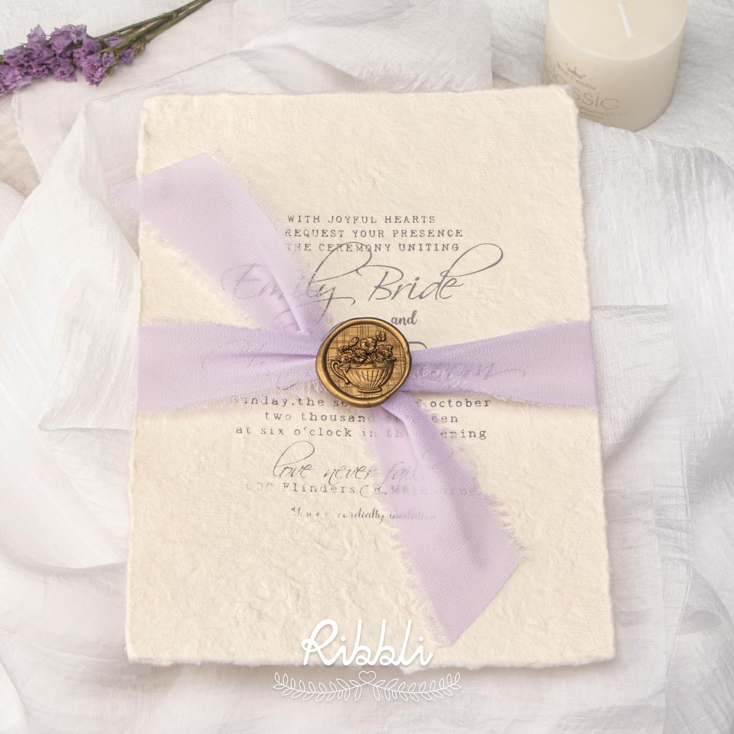 Ribbli Antique Mauve Chiffon Ribbon 1-1/2 inch x 20 Yard Handmade Fringe Chiffon Silk Ribbon,Black Ribbon for Wedding Invitations, Bridal Bouquets Wrapping, Flower Arrangement Decoration(Lavender)