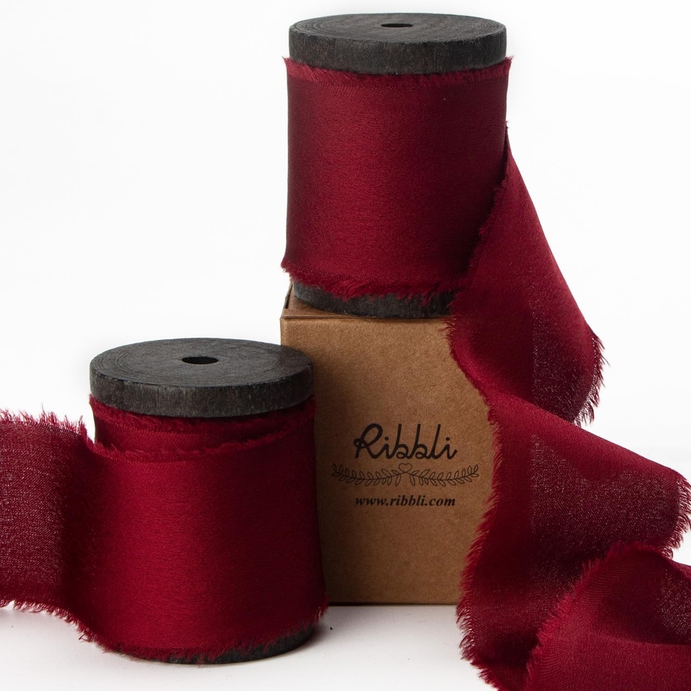 Ribbli Ivory Silk Satin Ribbon 1.5 Inch x 12 Yard Handmade Frayed Chiffon Ribbon with Wooden Spool for Gift Wrapping, Wedding Invitations, Bridal Bouquets, Home Decor(Burgundy)
