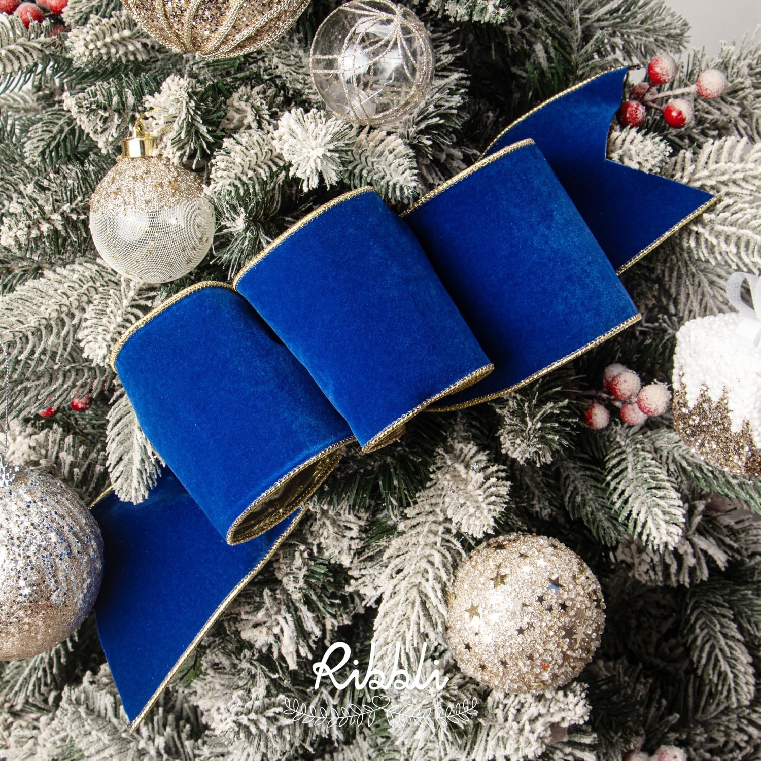 Ribbli Royal Blue Velvet Wired Ribbon 4 Inch Luxury Matte Velvet Christmas Ribbon for Gift Wrapping Christmas Tree Decoration Crafts Wreaths Supplies – 10 Yards(Royal Blue)