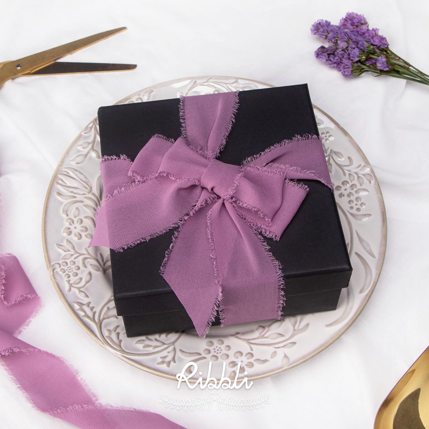 Ribbli Antique Mauve Chiffon Ribbon 1-1/2 inch x 20 Yard Handmade Fringe Chiffon Silk Ribbon,Black Ribbon for Wedding Invitations, Bridal Bouquets Wrapping, Flower Arrangement Decoration(Rosy Mauve)