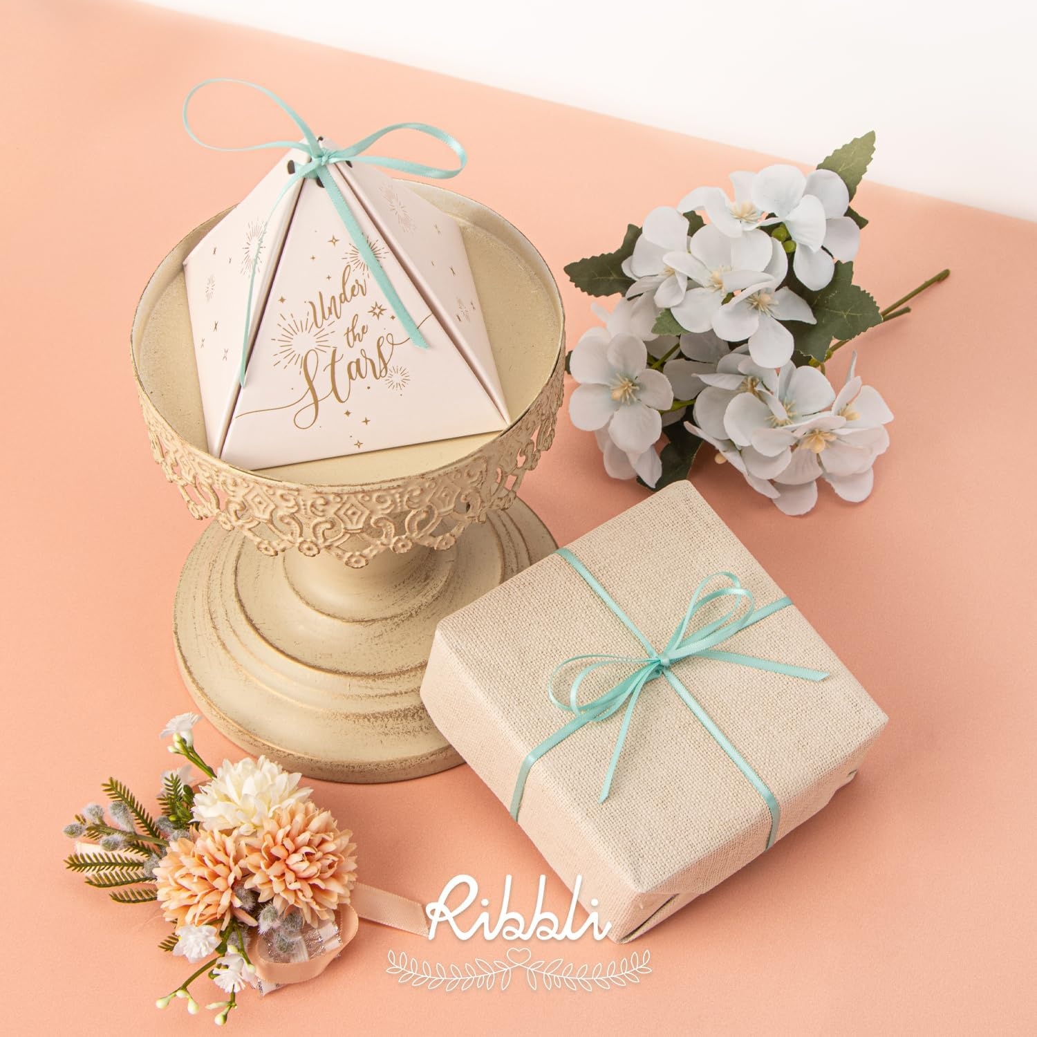 Ribbli Champagne Gold Satin Ribbon 1/8 inch x Continuous 100 Yards, Thin Champagne Ribbon Double Faced Use for Wedding Invitation Card, Gift Wrapping, Christmas Ornaments,Tag Decoration(Blue Aqua)