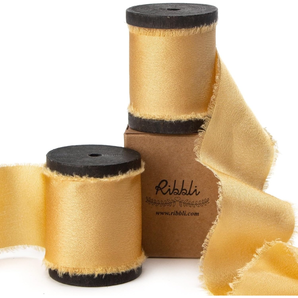 Ribbli Ivory Silk Satin Ribbon 1.5 Inch x 12 Yard Handmade Frayed Chiffon Ribbon with Wooden Spool for Gift Wrapping, Wedding Invitations, Bridal Bouquets, Home Decor(Gold)