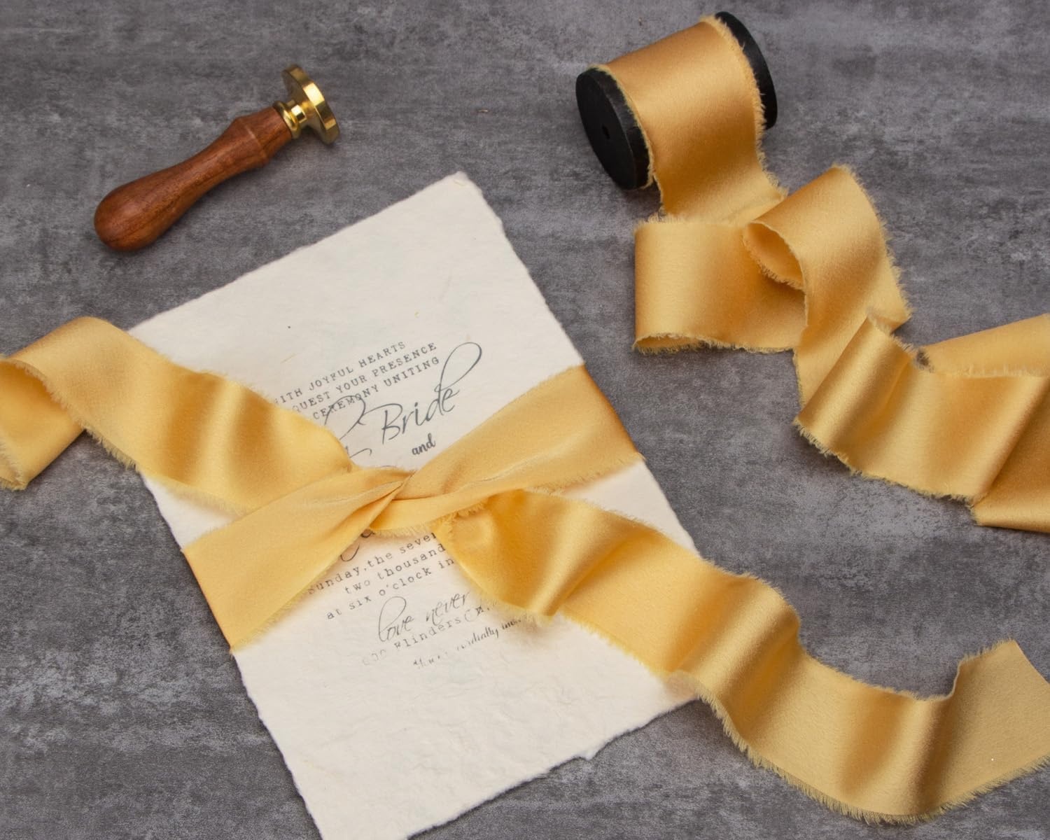 Ribbli Ivory Silk Satin Ribbon 1.5 Inch x 12 Yard Handmade Frayed Chiffon Ribbon with Wooden Spool for Gift Wrapping, Wedding Invitations, Bridal Bouquets, Home Decor(Gold)