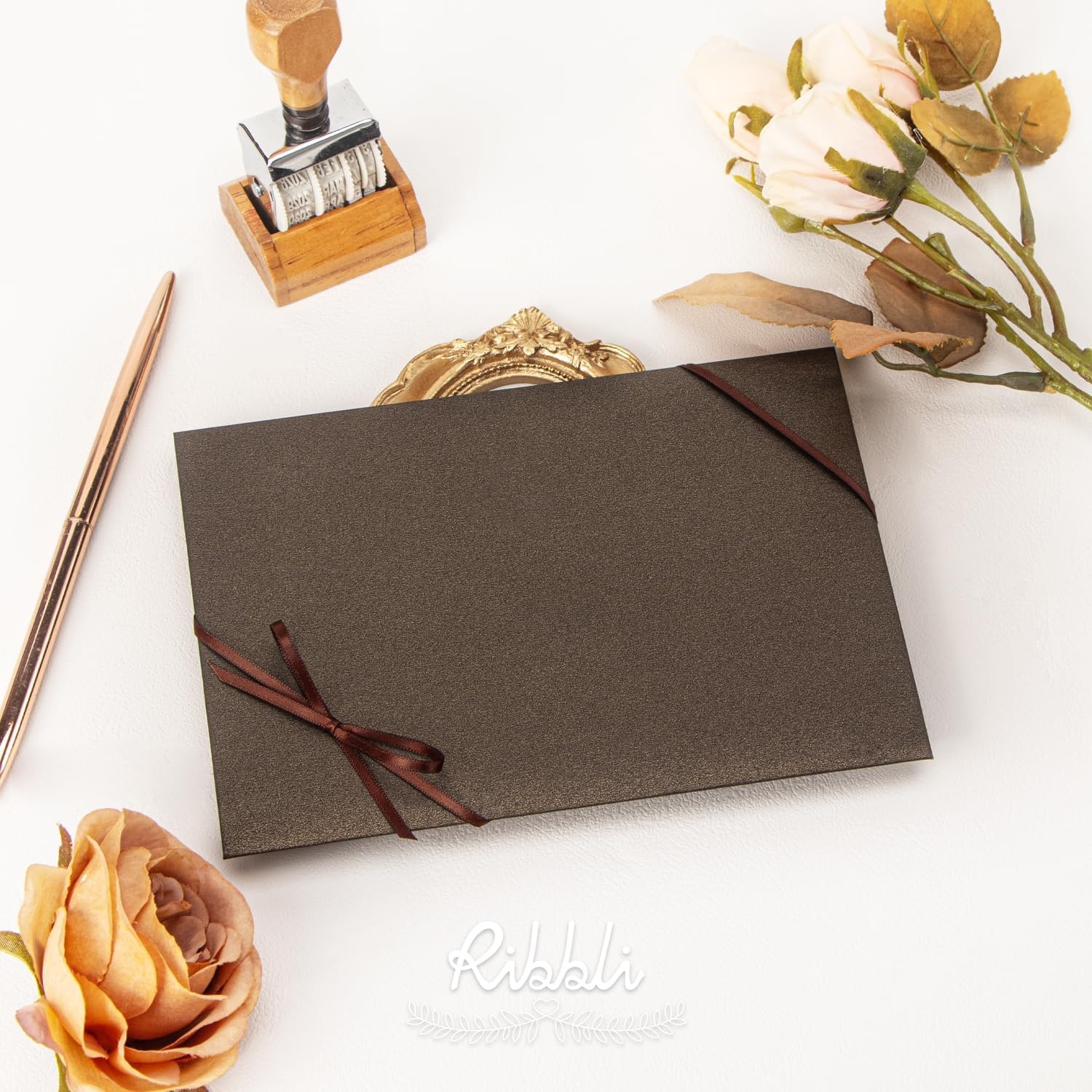 Ribbli Champagne Gold Satin Ribbon 1/8 inch x Continuous 100 Yards, Thin Champagne Ribbon Double Faced Use for Wedding Invitation Card, Gift Wrapping, Christmas Ornaments,Tag Decoration(Brown Coffee)